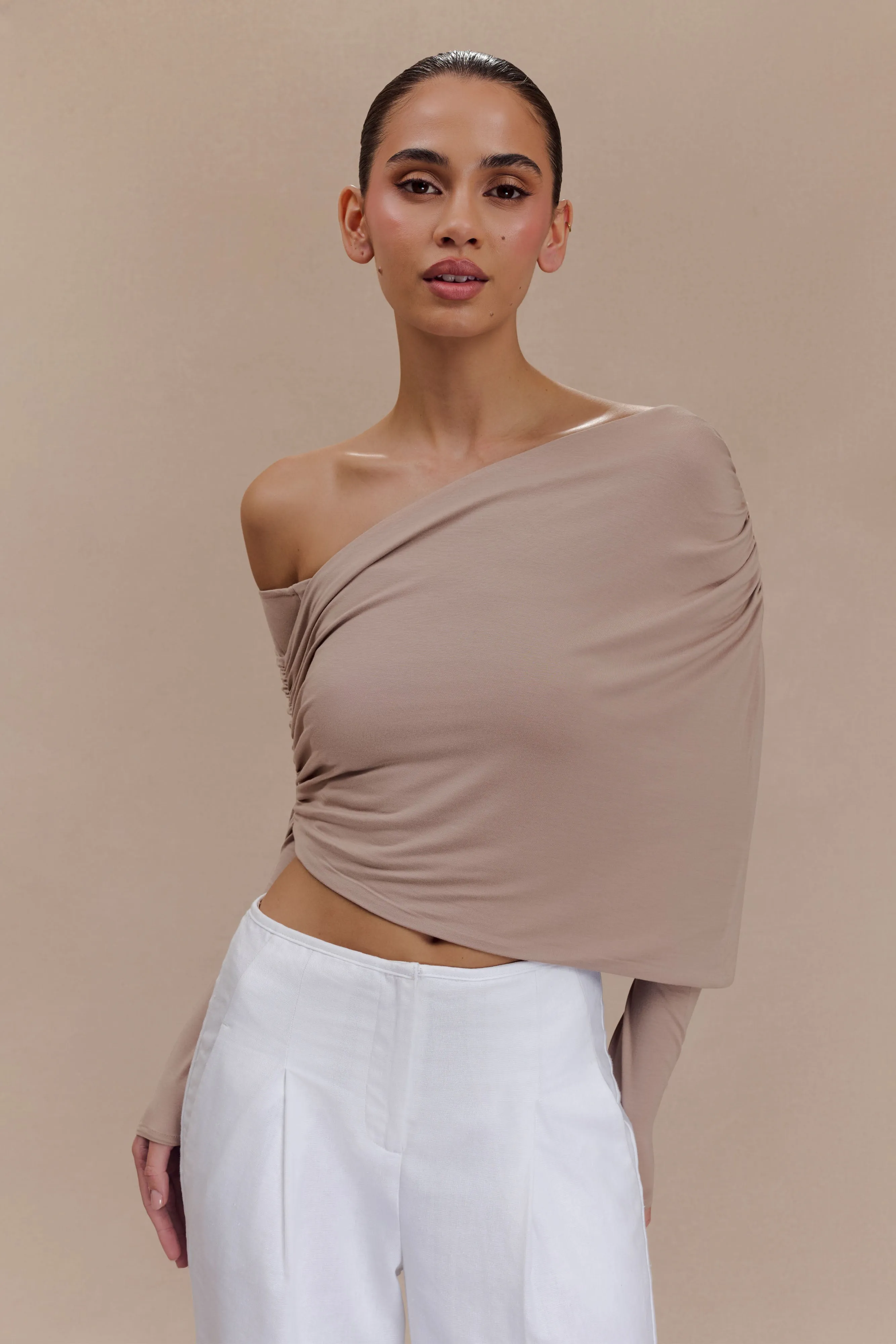 Non Iron Fabric Corinna Modal One Shoulder Top - Mushroom