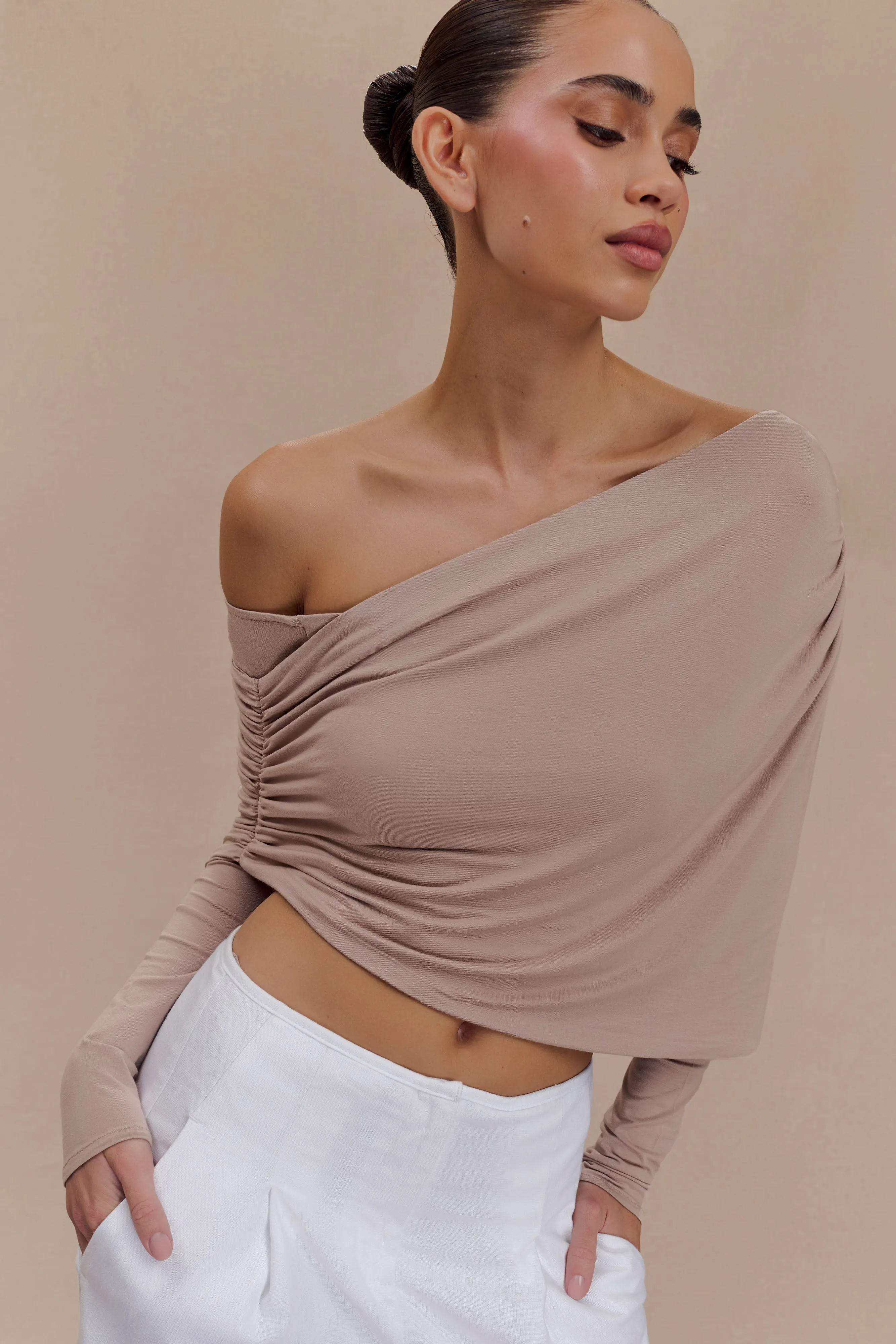 Interlock Stitching Yarn Dye Stripe Corinna Modal One Shoulder Top - Mushroom