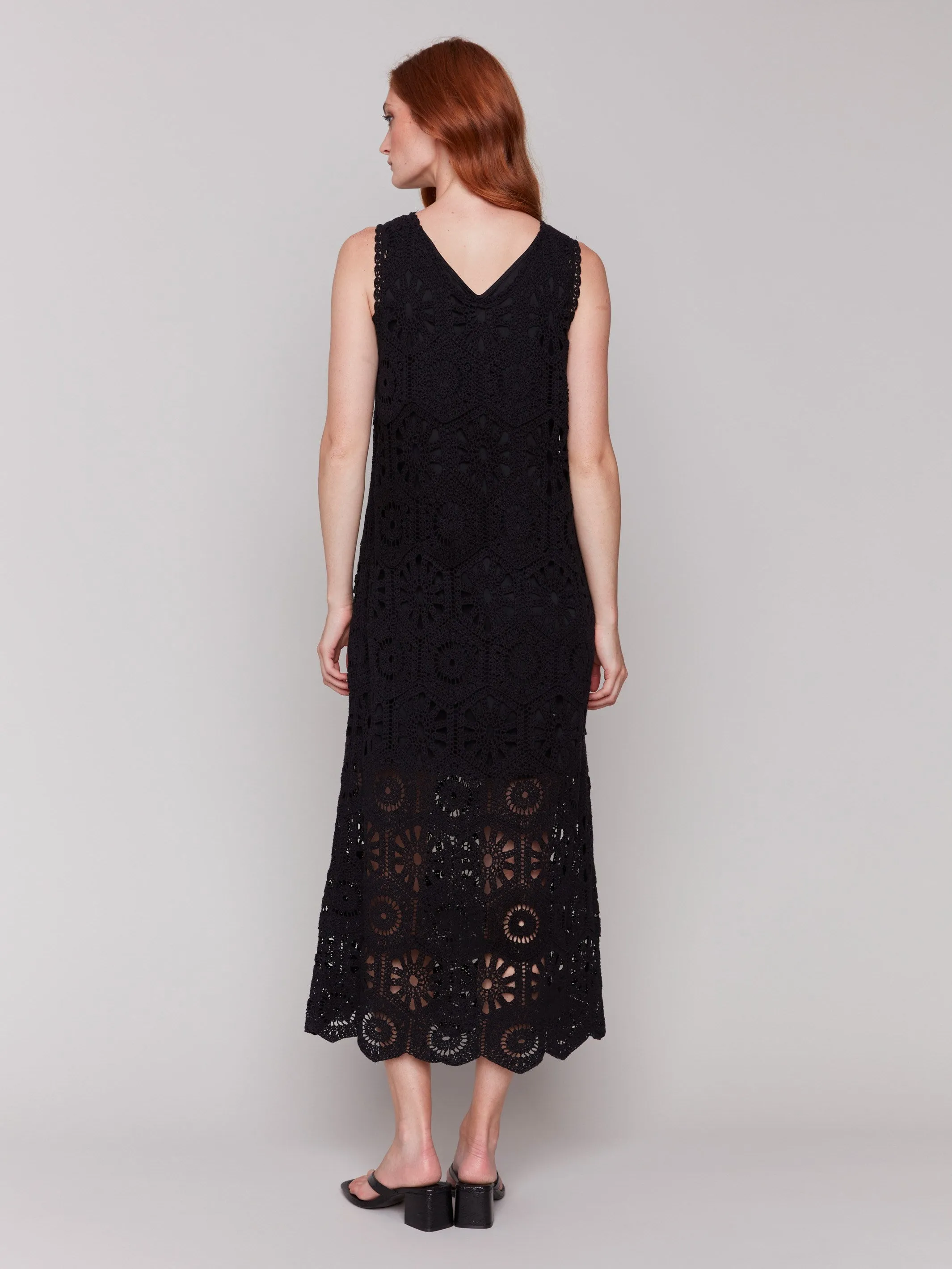 High Neck Cotton Crochet Sleeveless Maxi Dress - Black