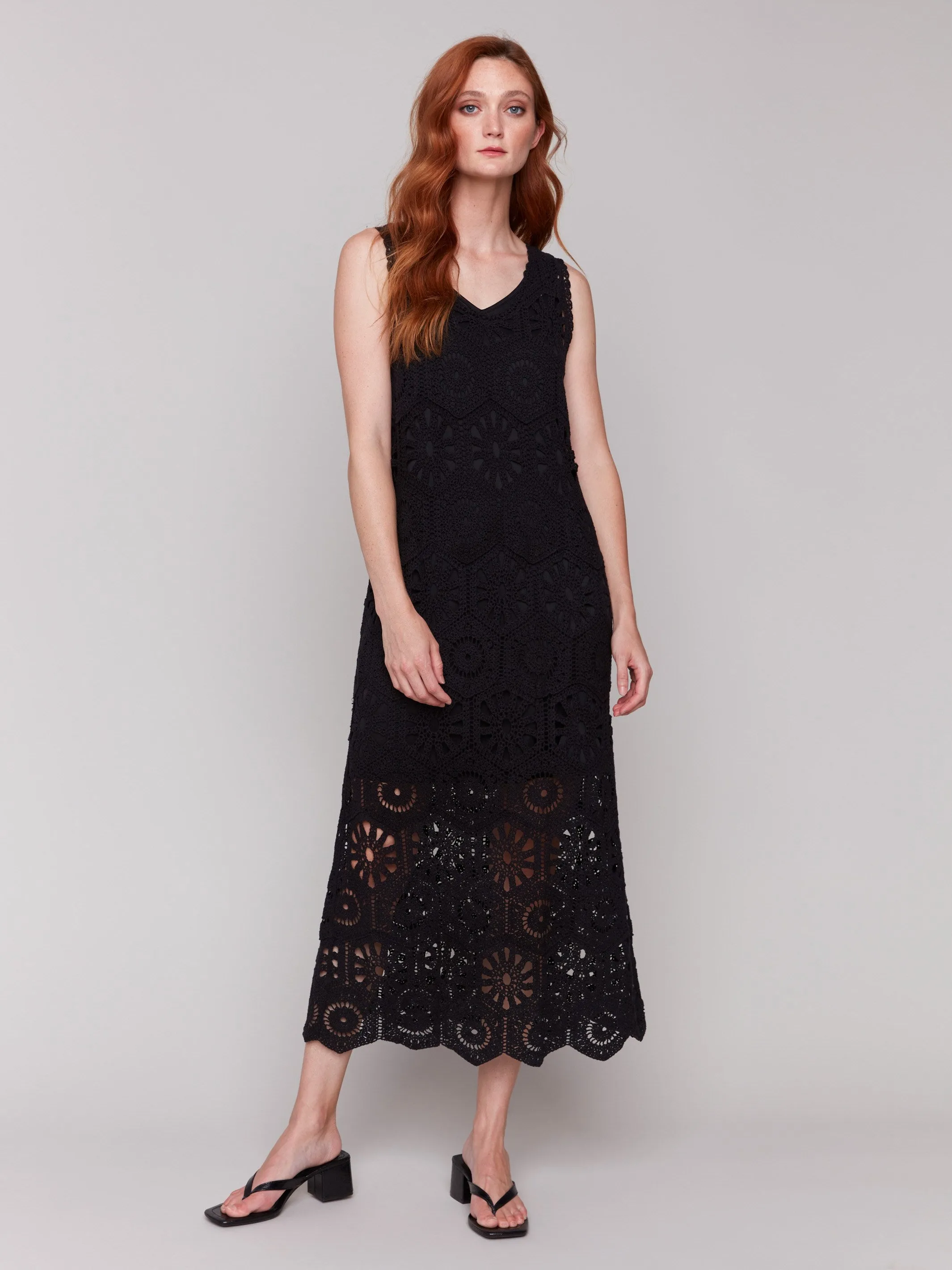Smart Pairing Drawstring-Closure Cotton Crochet Sleeveless Maxi Dress - Black
