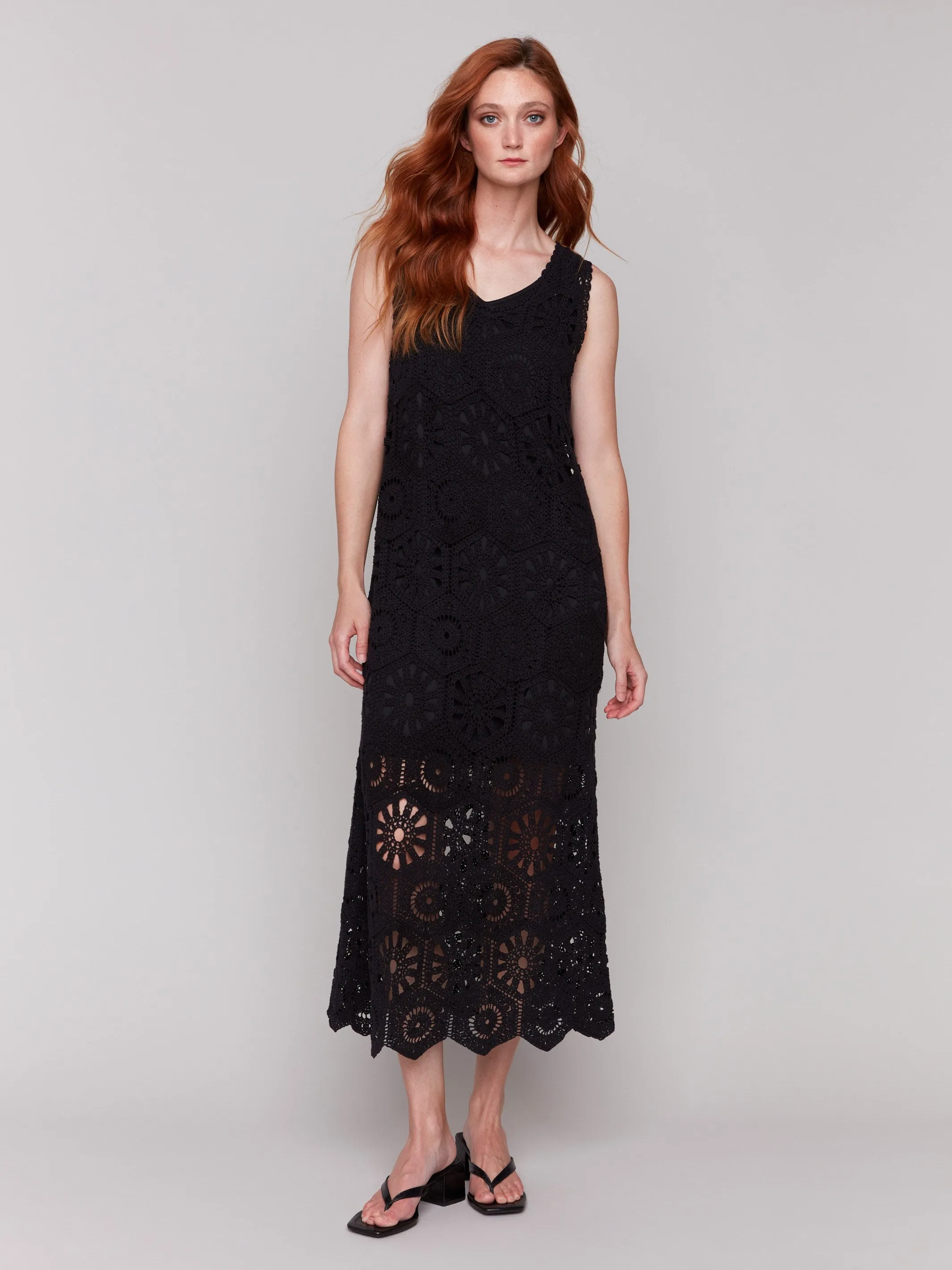 Balanced Shape Dreamy Flow Cotton Crochet Sleeveless Maxi Dress - Black