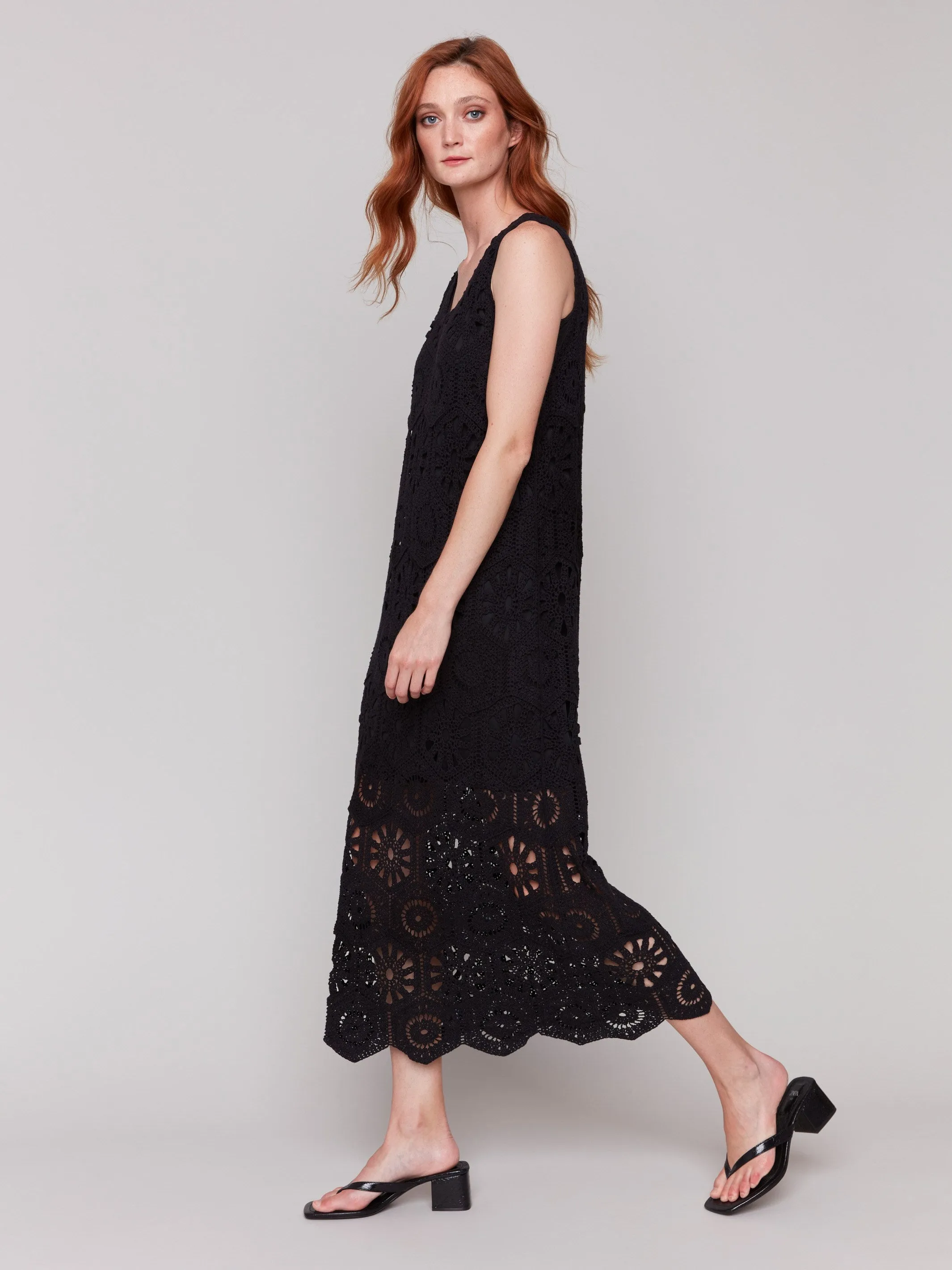 Street Mode Knot-Detail Cotton Crochet Sleeveless Maxi Dress - Black