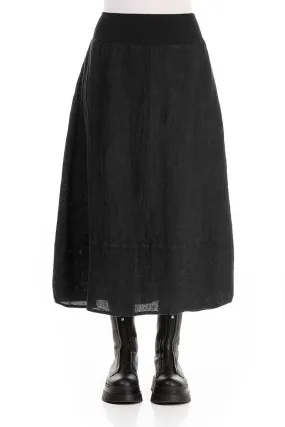 Cotton Waist Black M??lange Linen Skirt smooth zipper ribbed texture