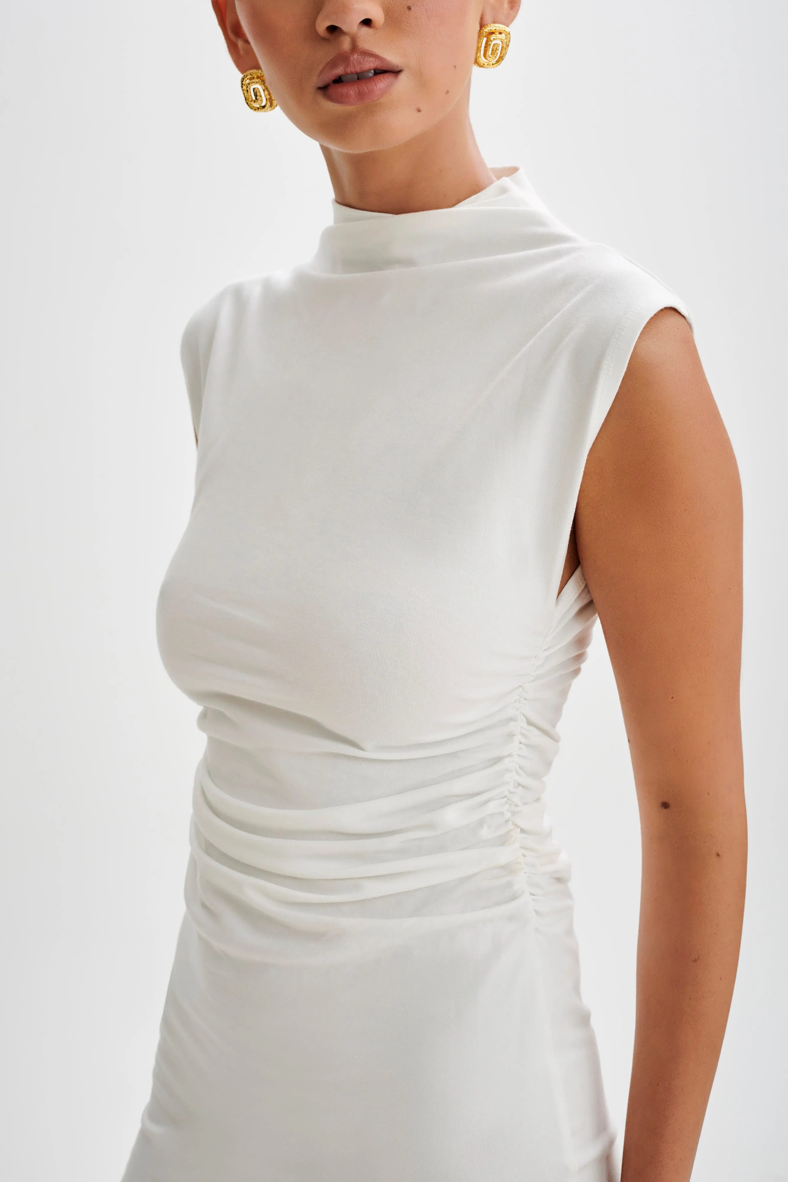 Melania High Neck Mini Dress - White Flattering Fit Wear Lightweight