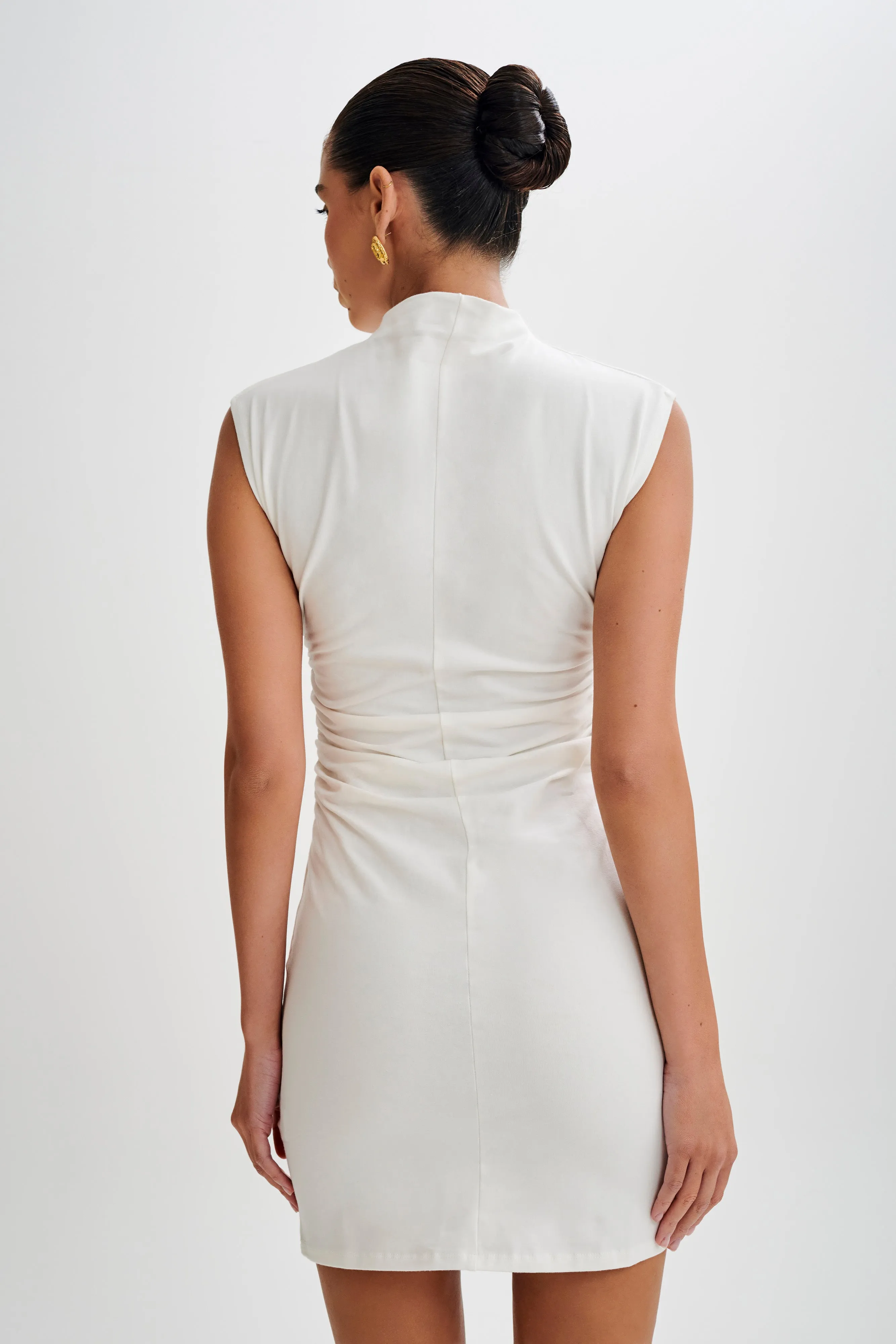 Melania High Neck Mini Dress - White Sleek Texture