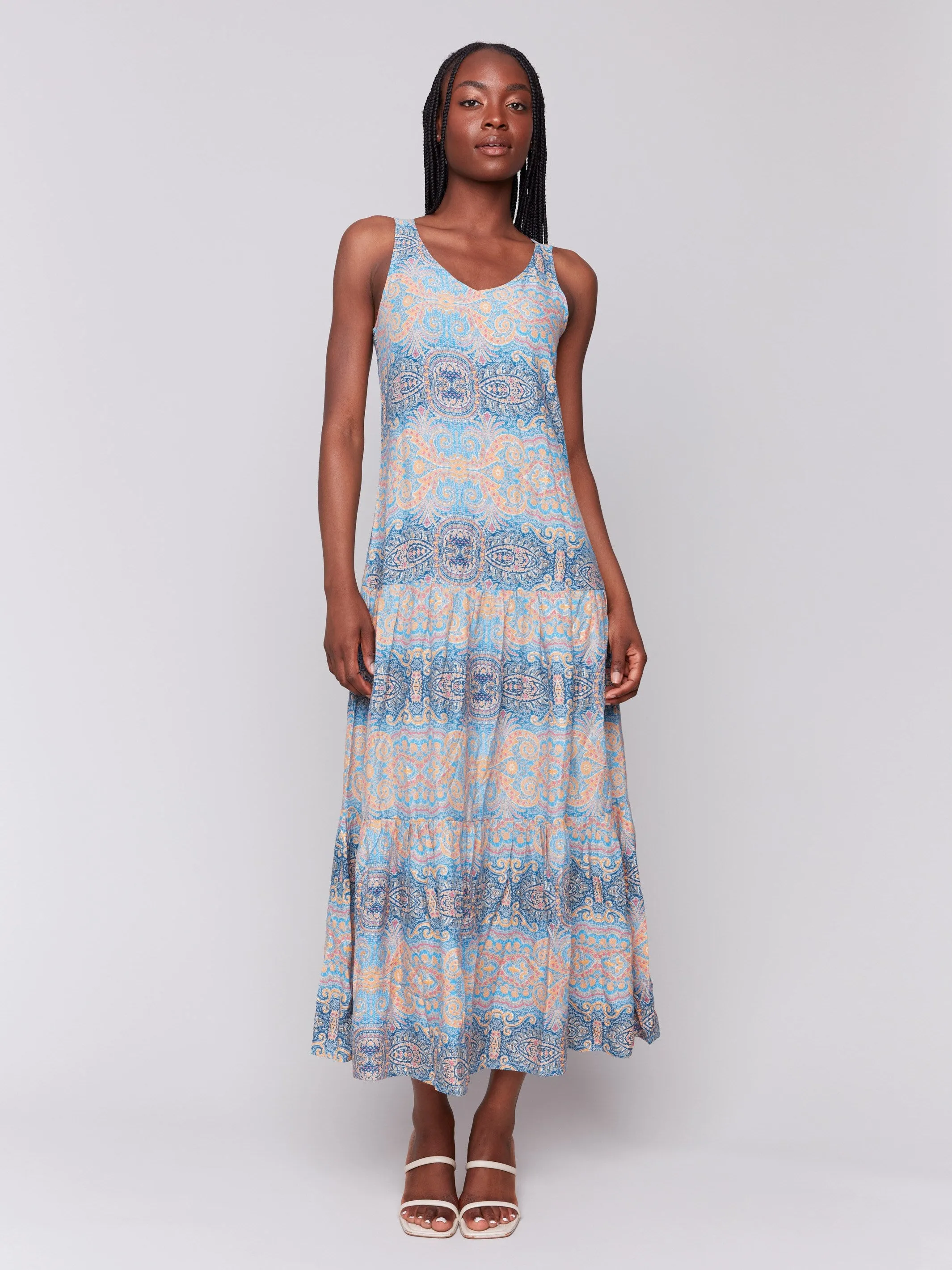 Printed Rayon Tiered Maxi Dress - Papaya Warm Undertone Grace Vibe