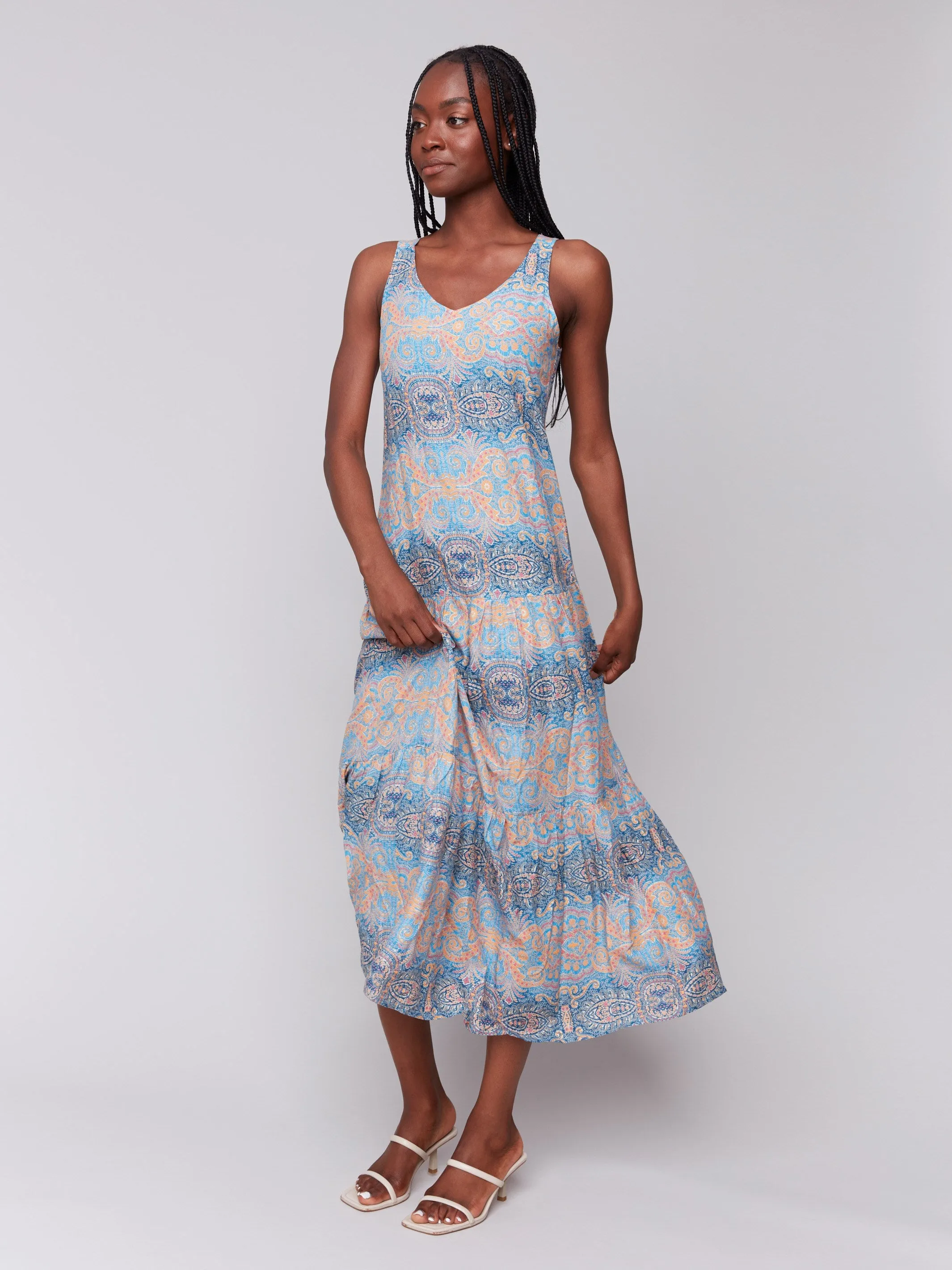 Printed Rayon Tiered Maxi Dress - Papaya Silky Drape Comfortable and breathable