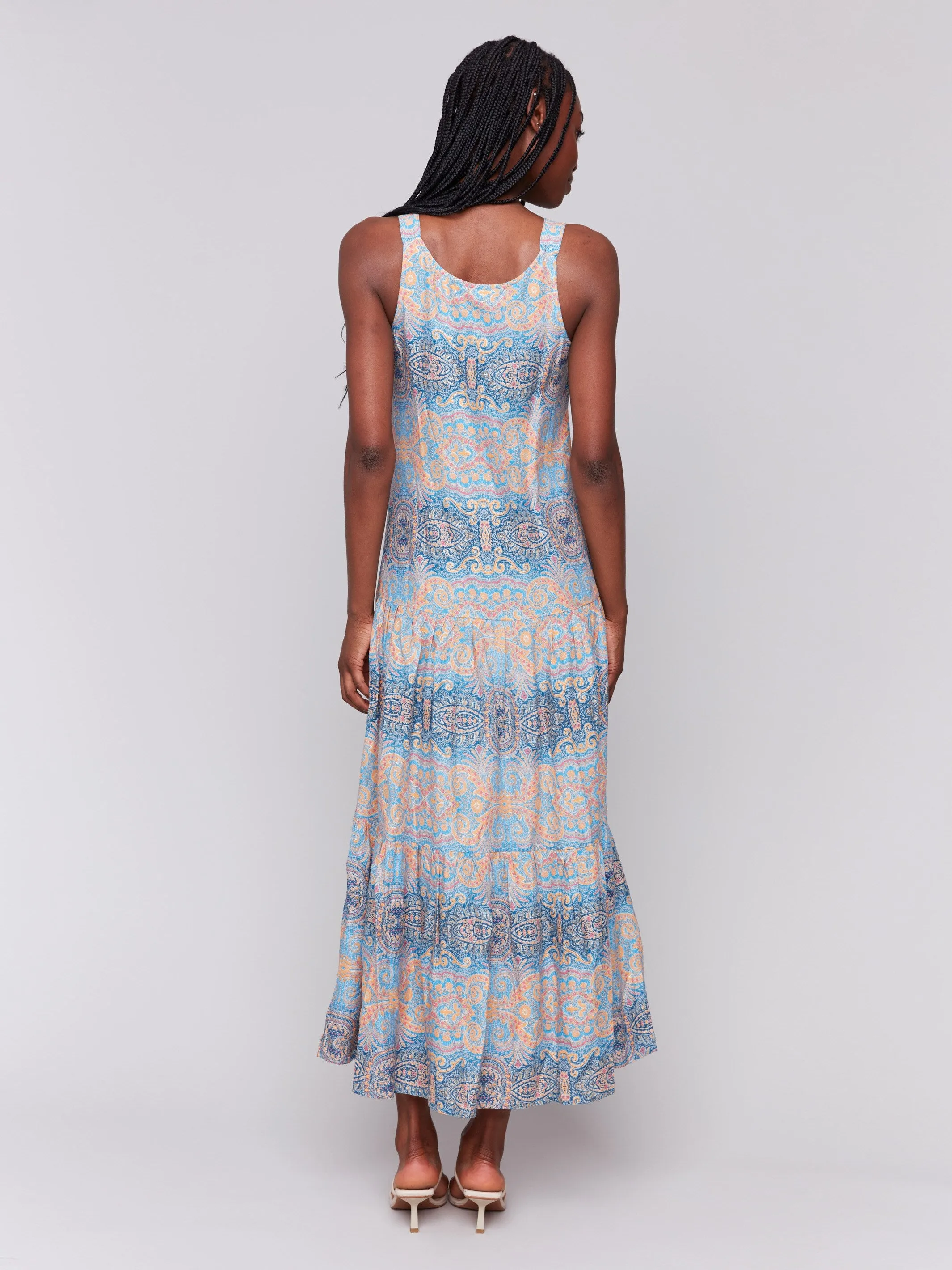 Bold Touches Soft Pleats Printed Rayon Tiered Maxi Dress - Papaya