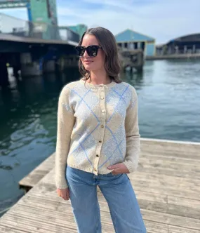 Oatmeal Argyle Crew Neck Cardigan Cozy Thermal