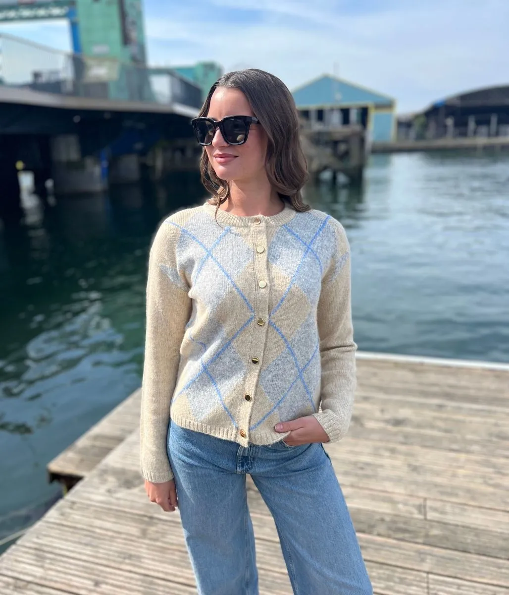 Oatmeal Argyle Crew Neck Cardigan Cozy Thermal