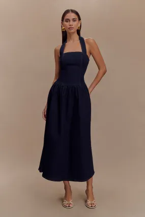 Drawstring-Waist Lace Fine Caroline Denim Halter Midi Dress - Indigo Blue