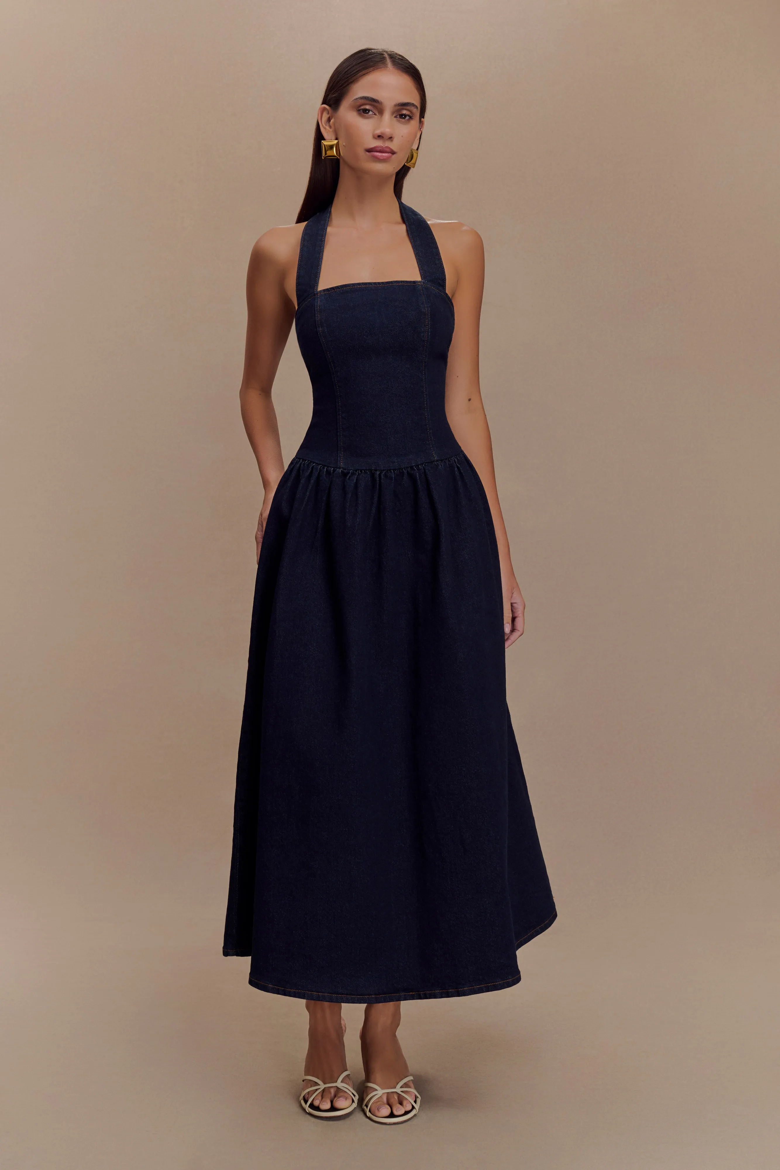 Organic-Fabric Caroline Denim Halter Midi Dress - Indigo Blue