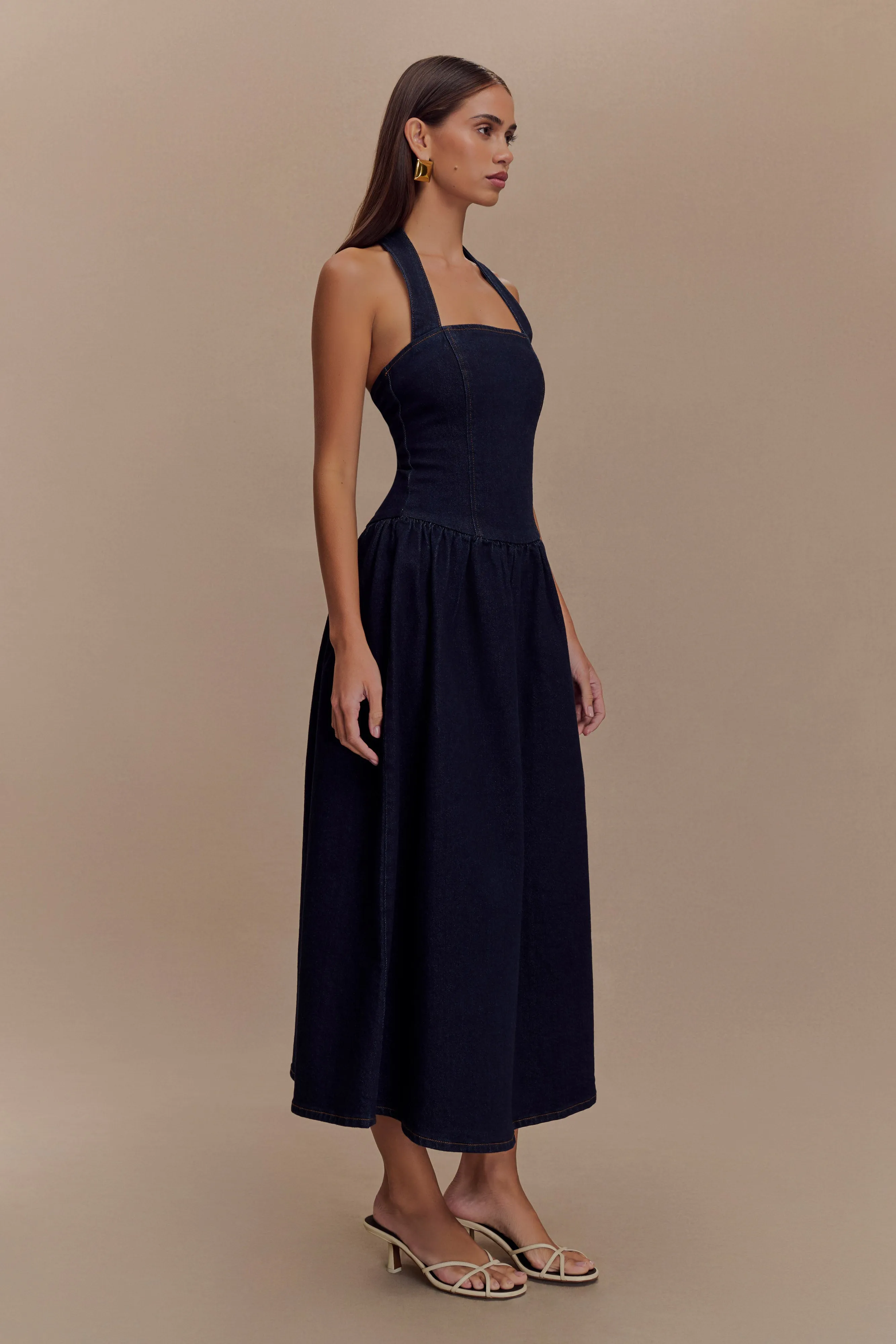 Caroline Denim Halter Midi Dress - Indigo Blue Bow Soft