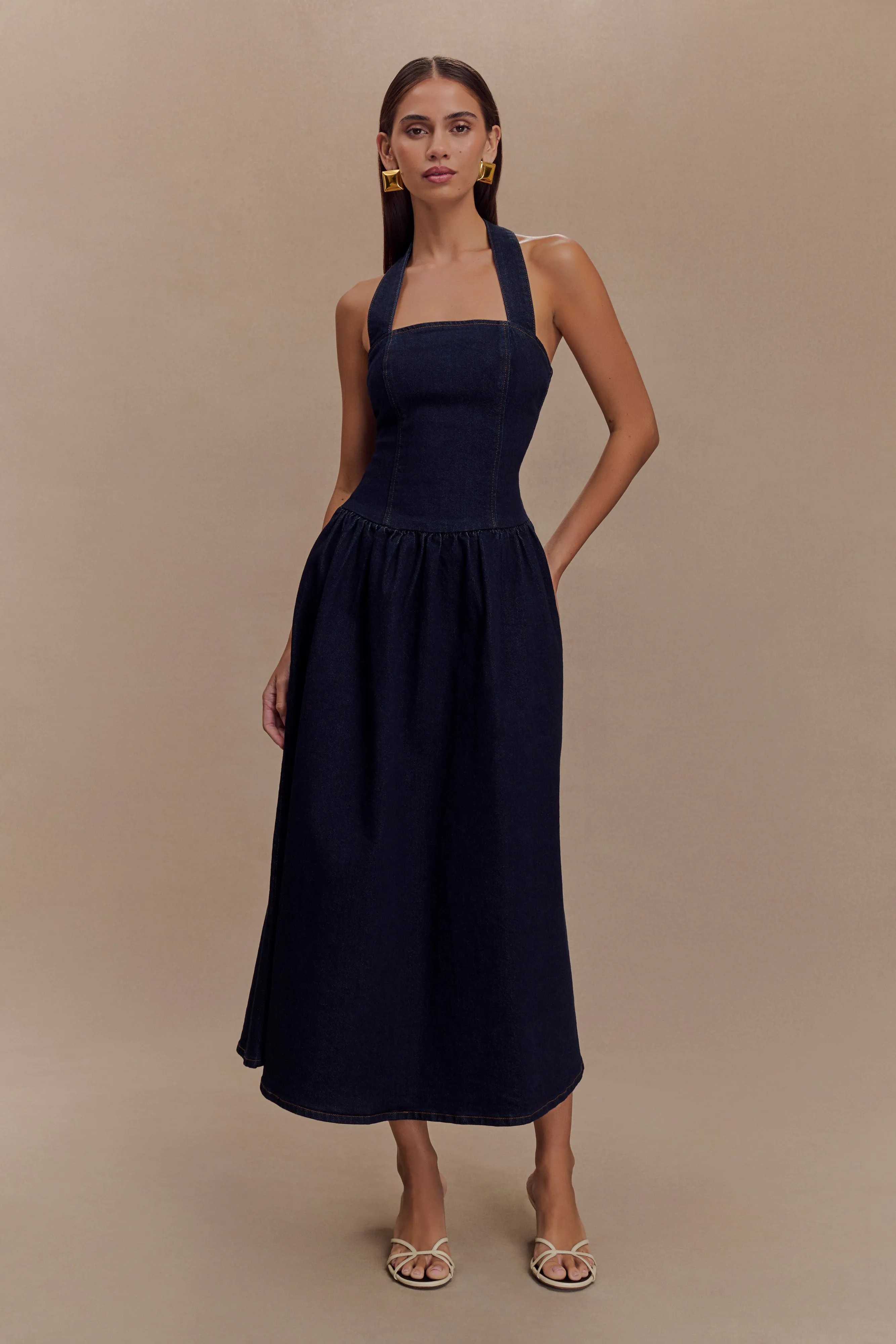 Drawstring-Waist Lace Fine Caroline Denim Halter Midi Dress - Indigo Blue