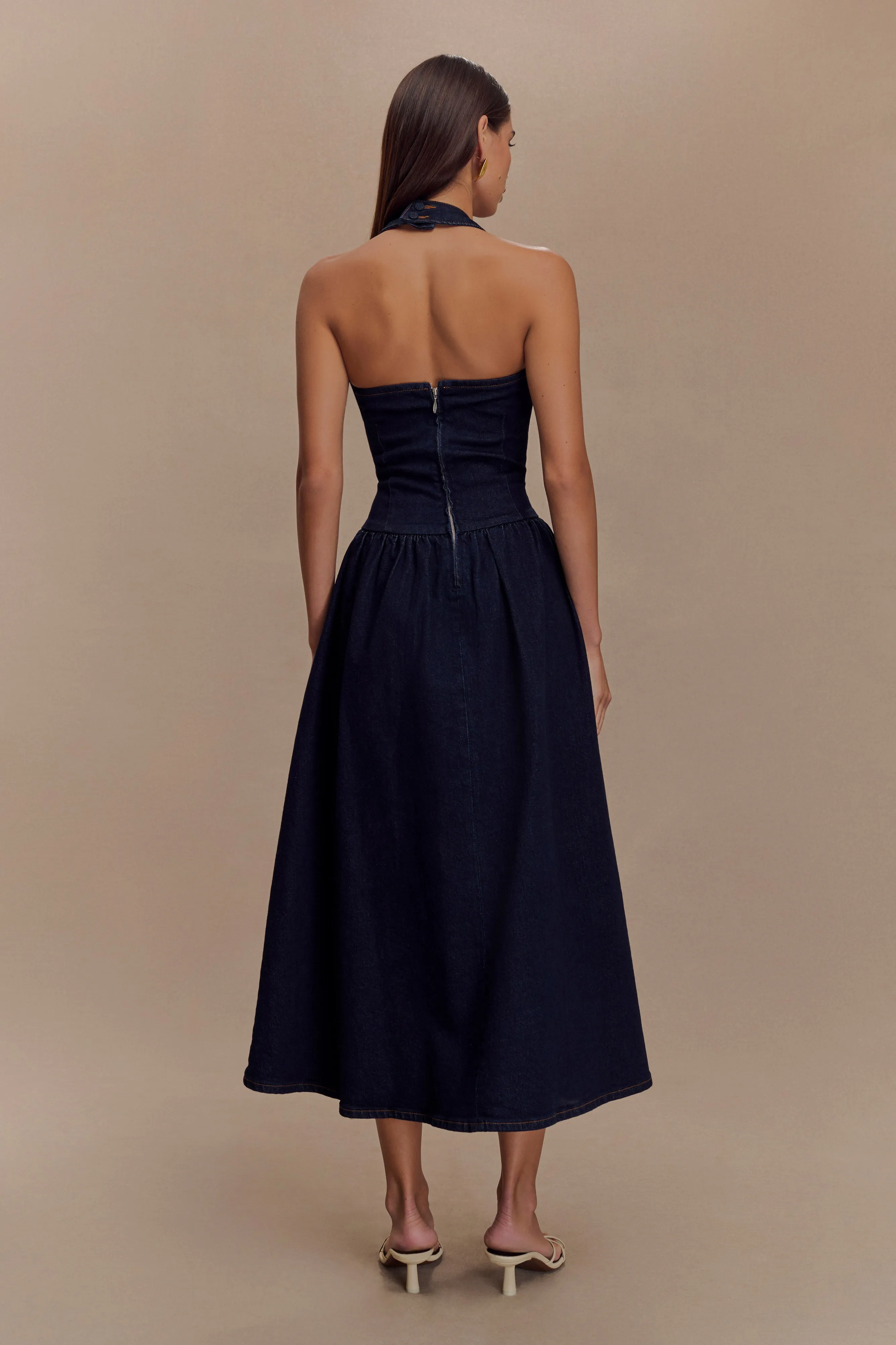 Feminine flowing piece Caroline Denim Halter Midi Dress - Indigo Blue