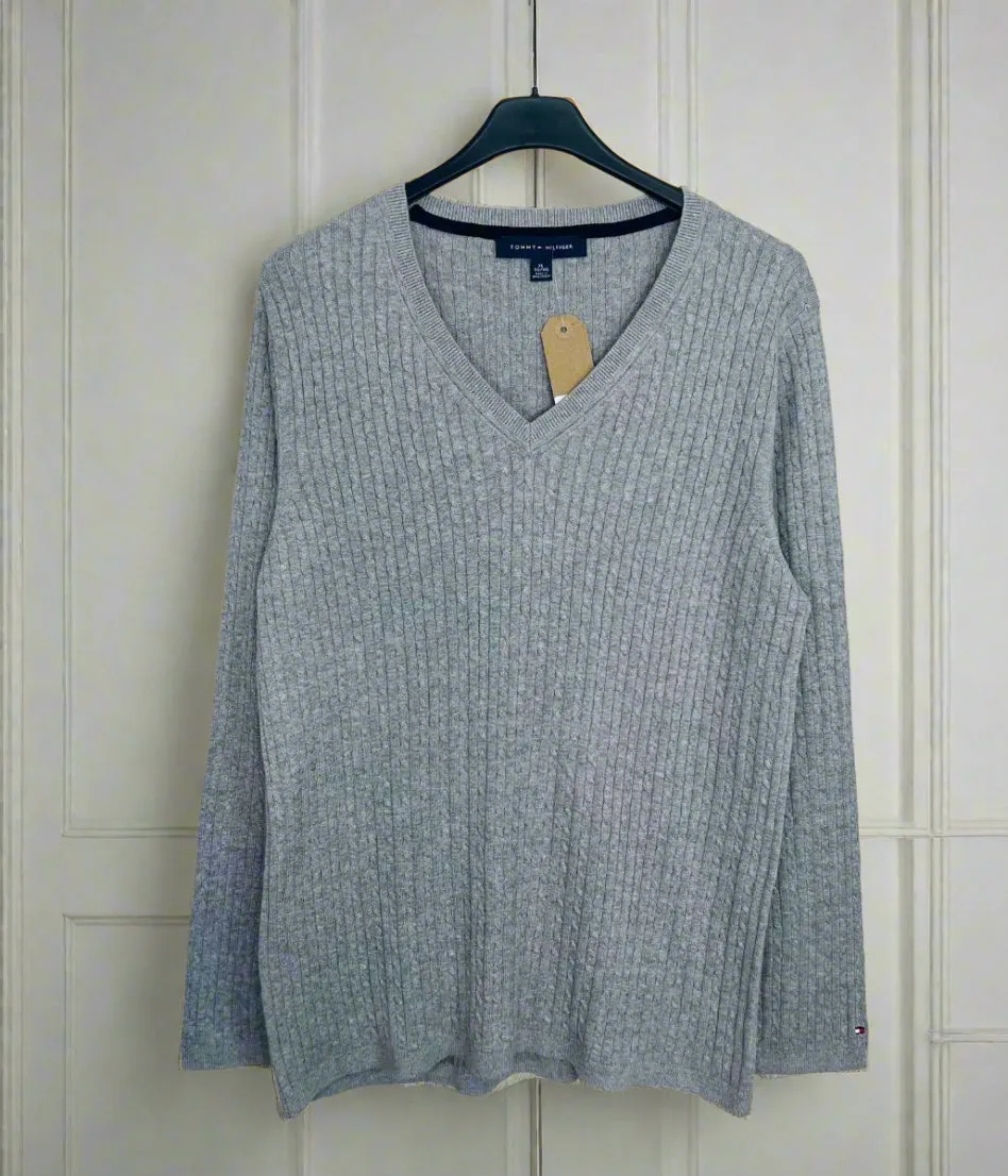 Grey V Neck Cable Twist Jumper Soft Knit Layer Performance Comfort
