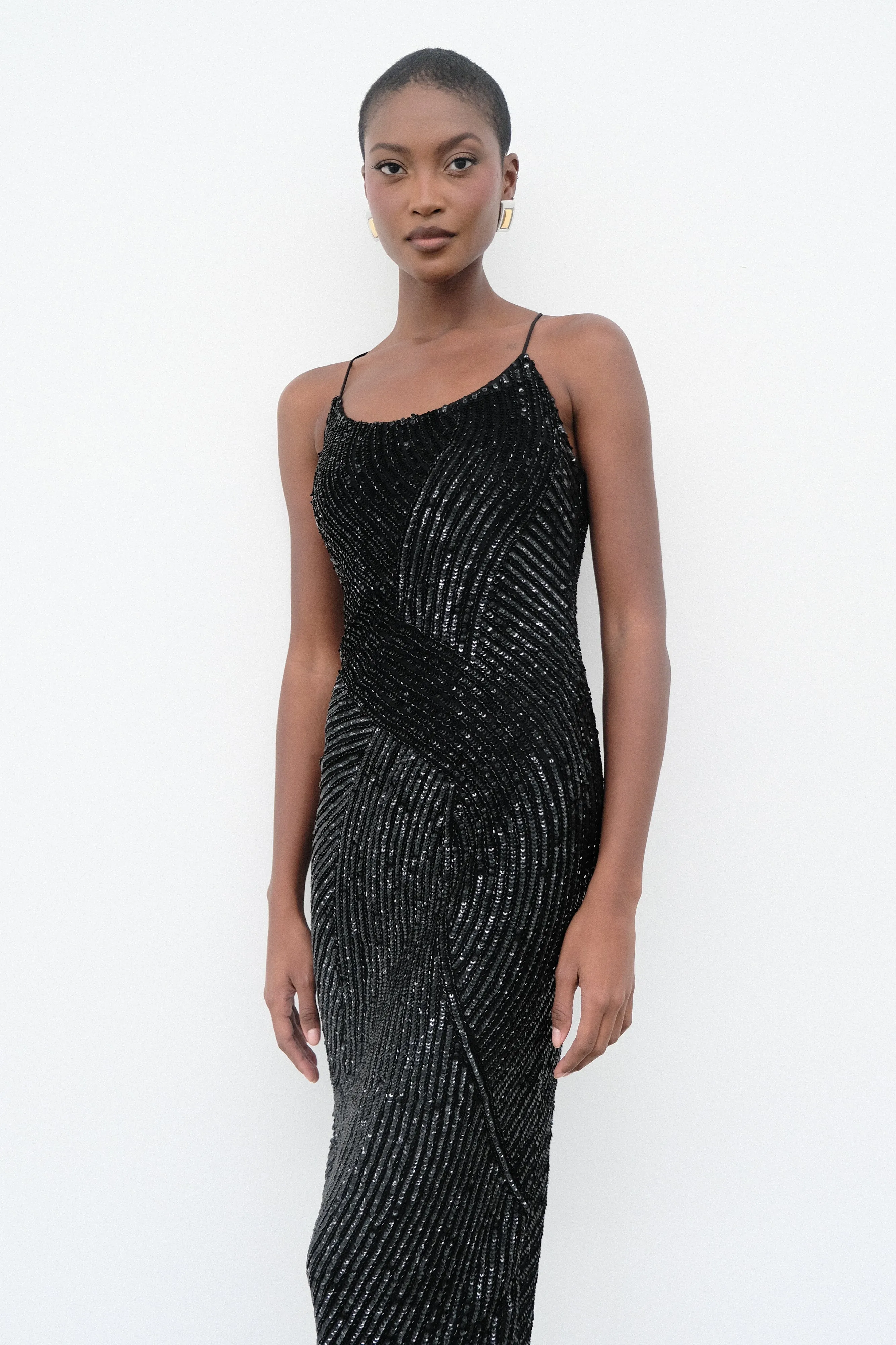 Inner lining Flower Grace Tierra Sequin Maxi Dress - Black