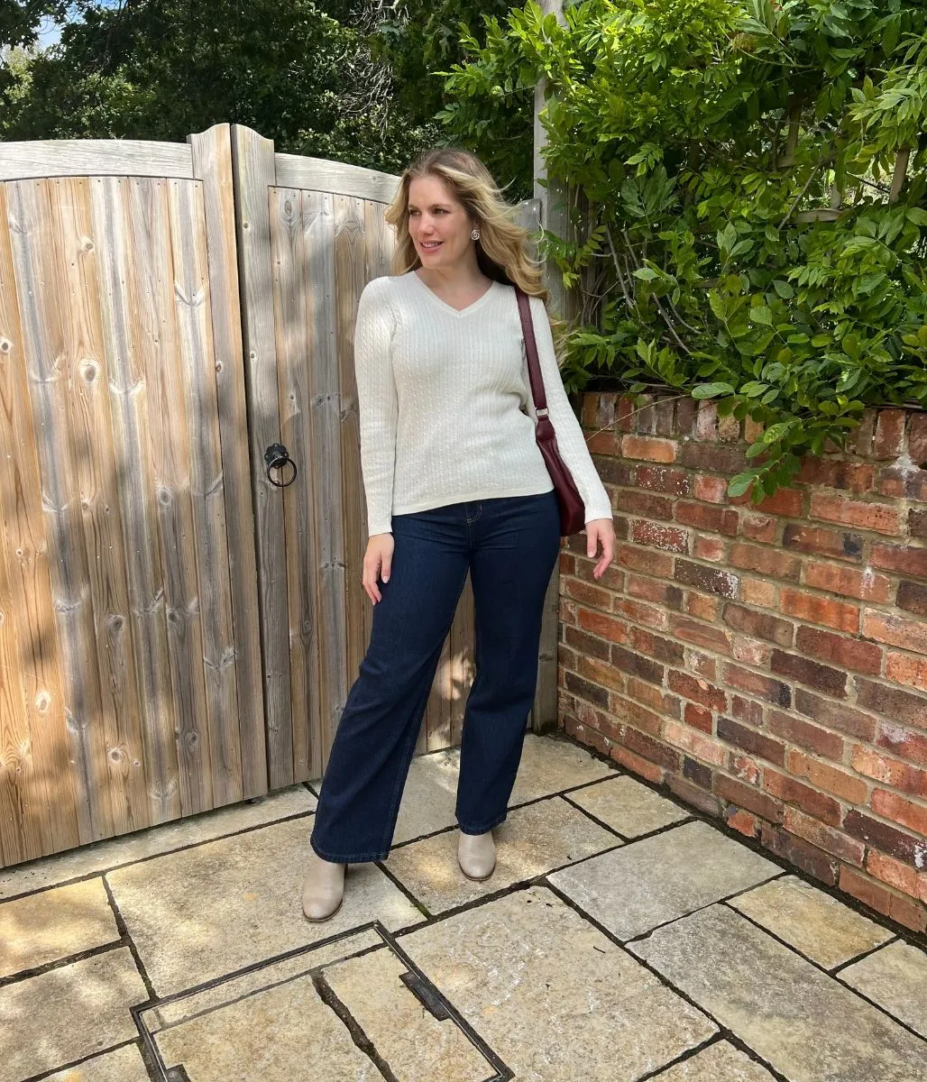 Cream V Neck Cable Twist Jumper Winter Knitwear