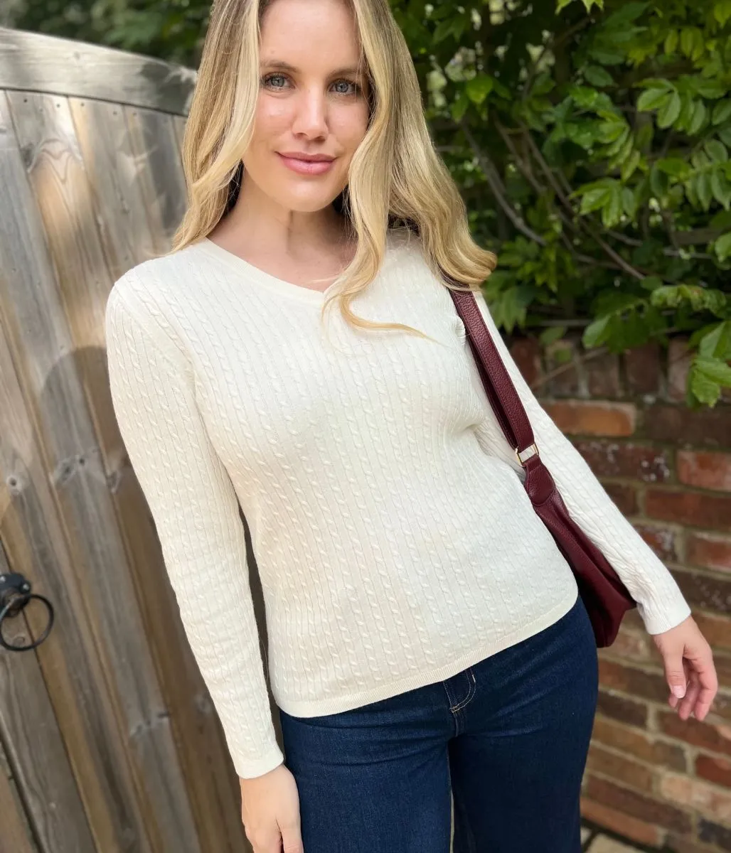 Cream V Neck Cable Twist Jumper Layered Thermal Core