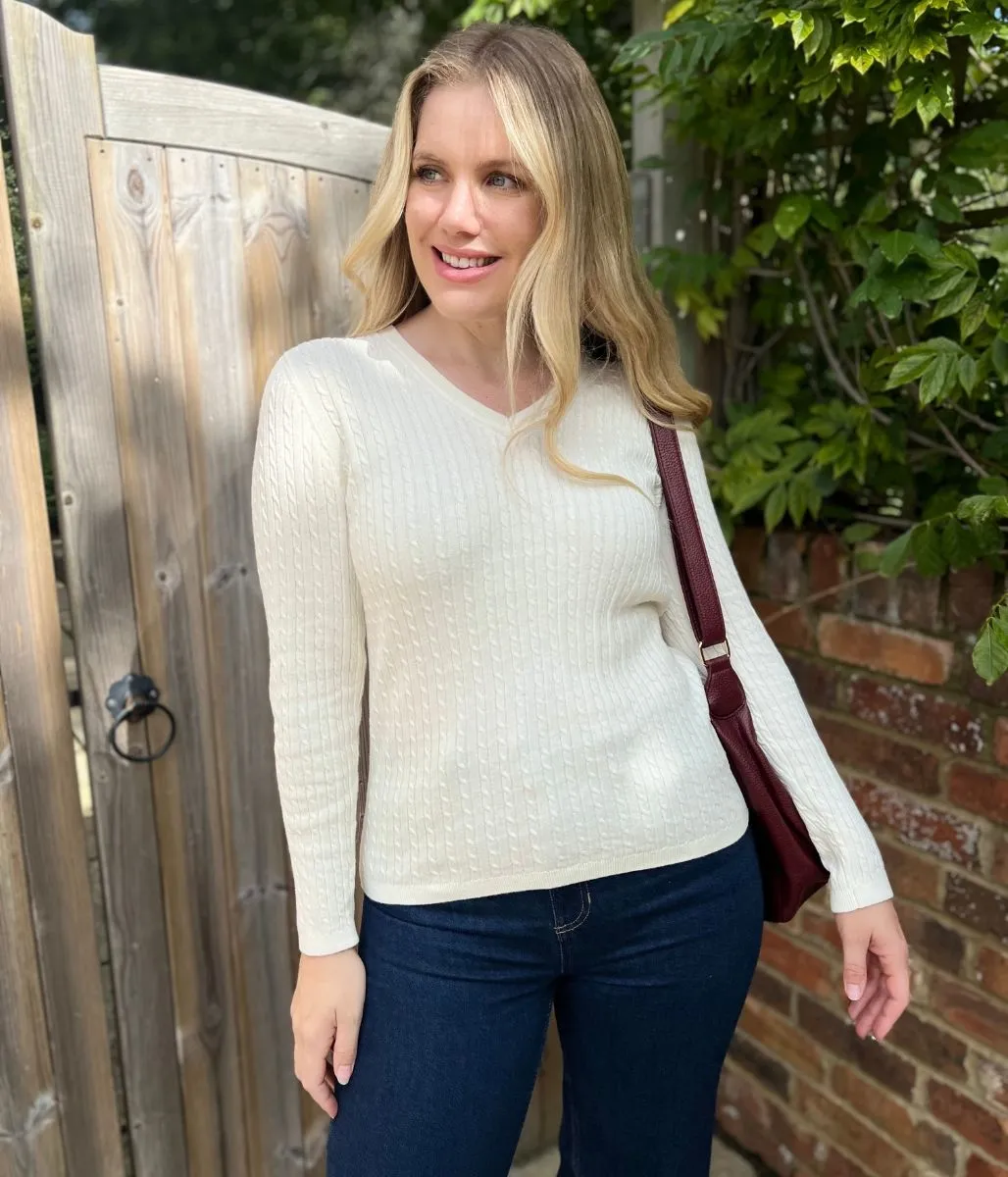 Cream V Neck Cable Twist Jumper Chilly Ready Slim Stretch