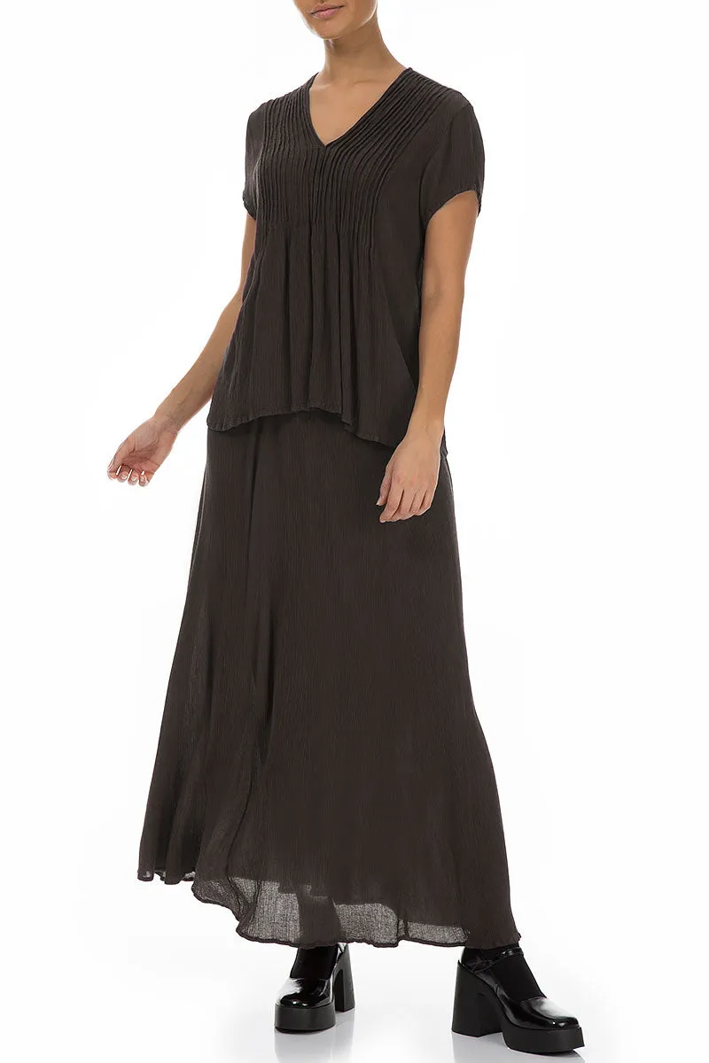 Crinkled Forest Brown Silk Viscose Skirt Crisp Details