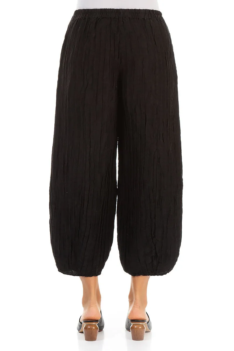 Lightweight Feel Zip Pocket Cropped Taper Black Silk Linen Trousers