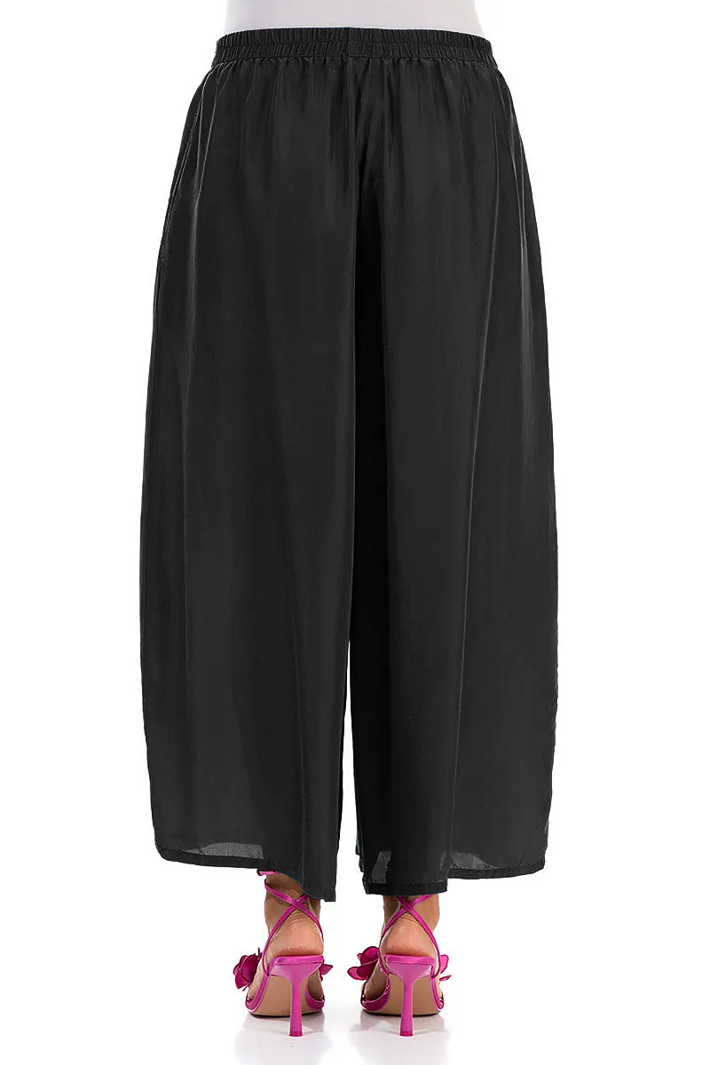 Cropped Wide Black Pure Silk Trousers Clean Finish