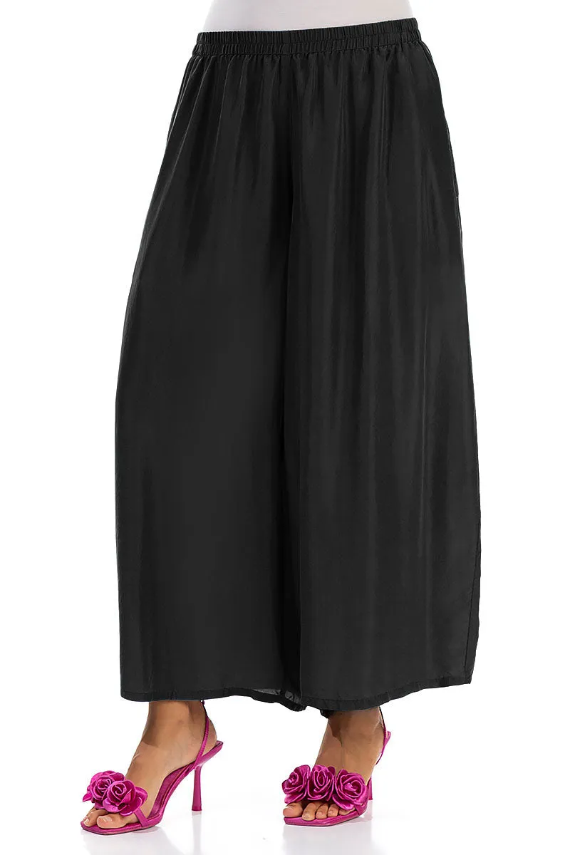 Breathable Base Cropped Wide Black Pure Silk Trousers