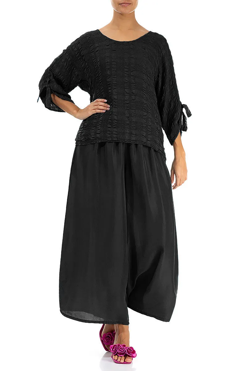 Cropped Wide Black Pure Silk Trousers Seamless construction