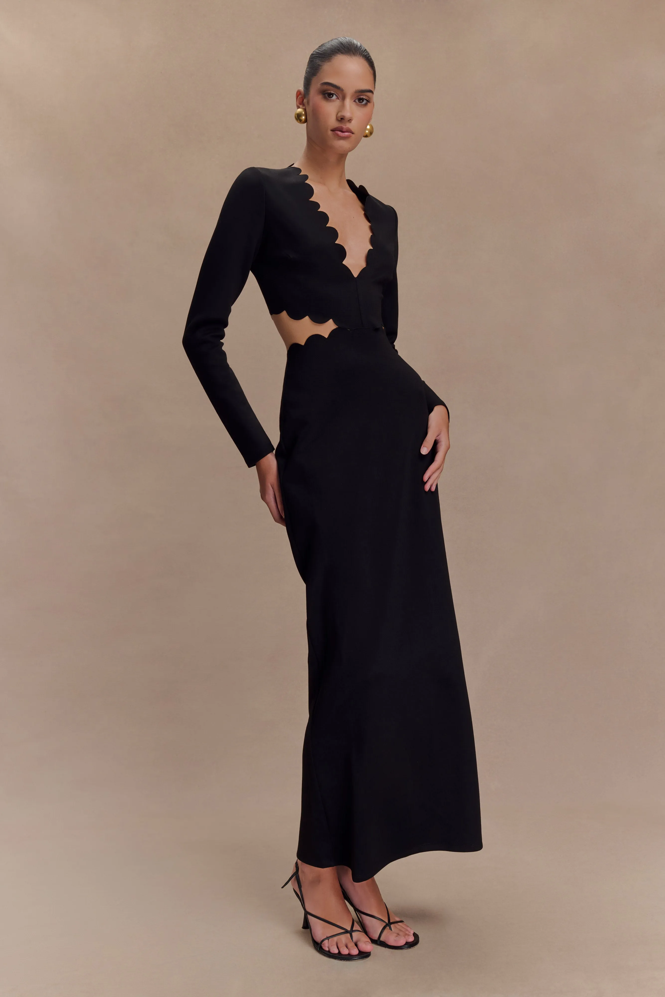 Chic Everyday Wear Cynthia Scalloped Halter Maxi Dress - Black