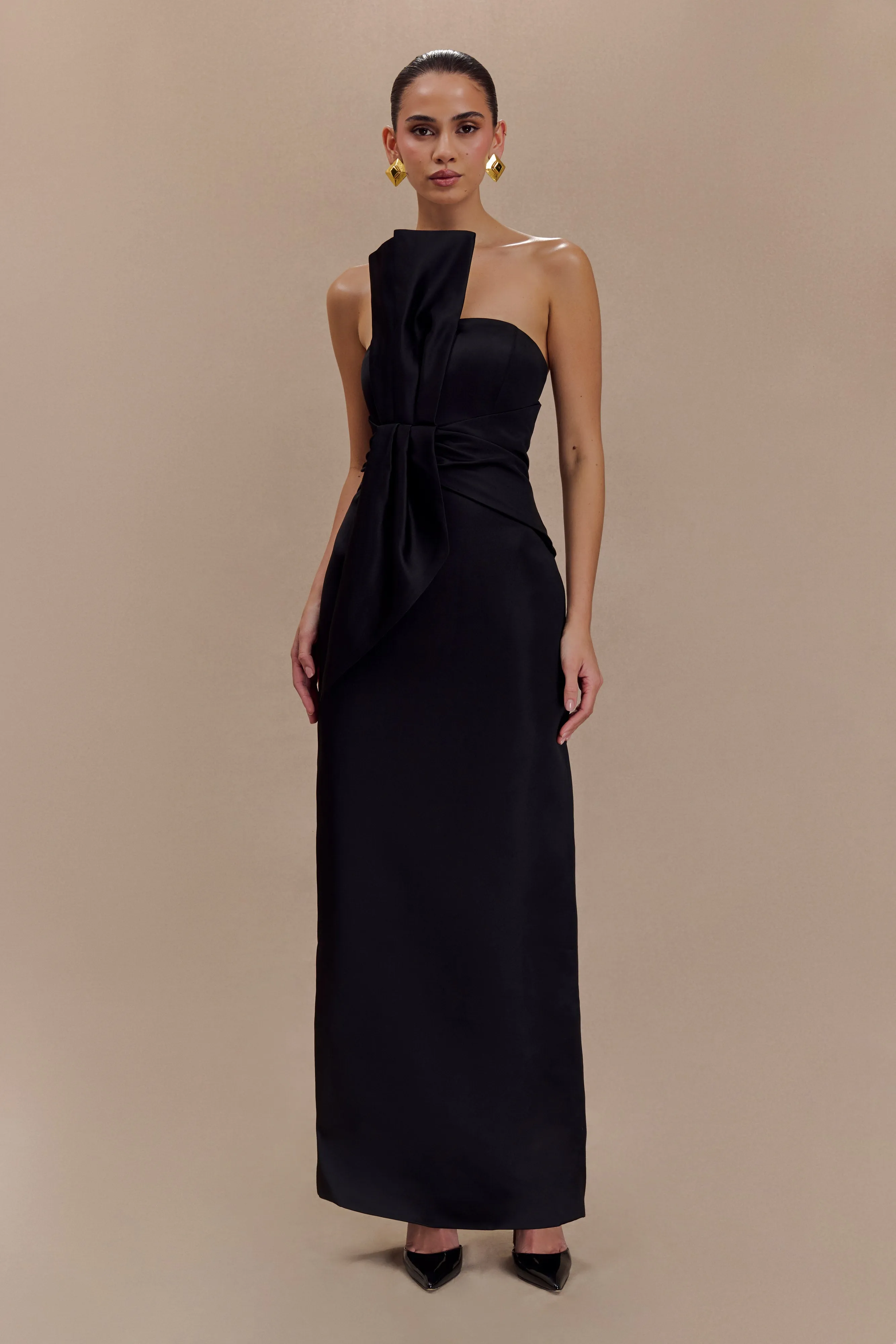 Daily Confidence Smocked-Detail Cyrill Strapless Satin Structured Maxi Dress - Black