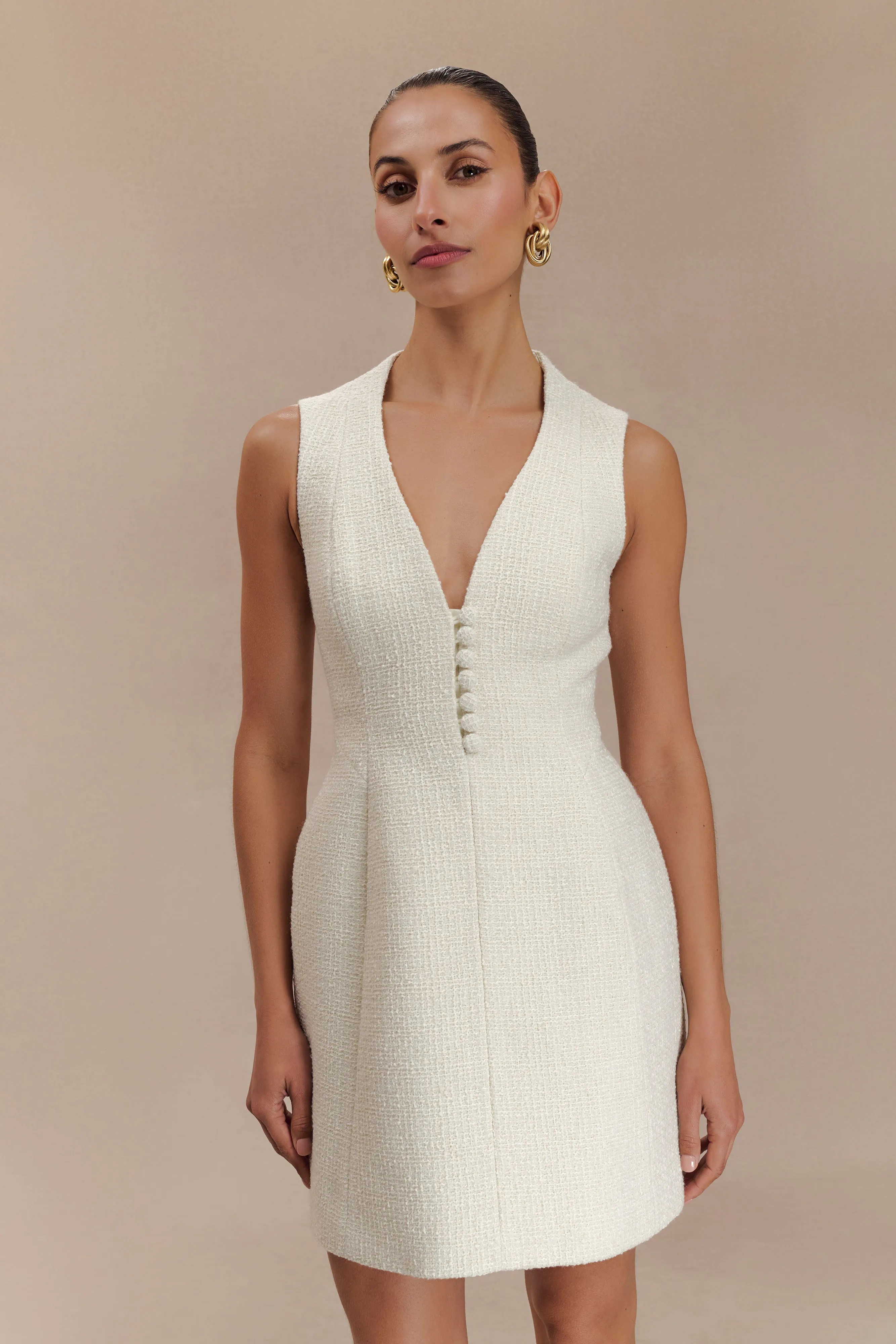 Danna Boucle Mini Dress With Pleats - White Contemporary Style Soft Finish