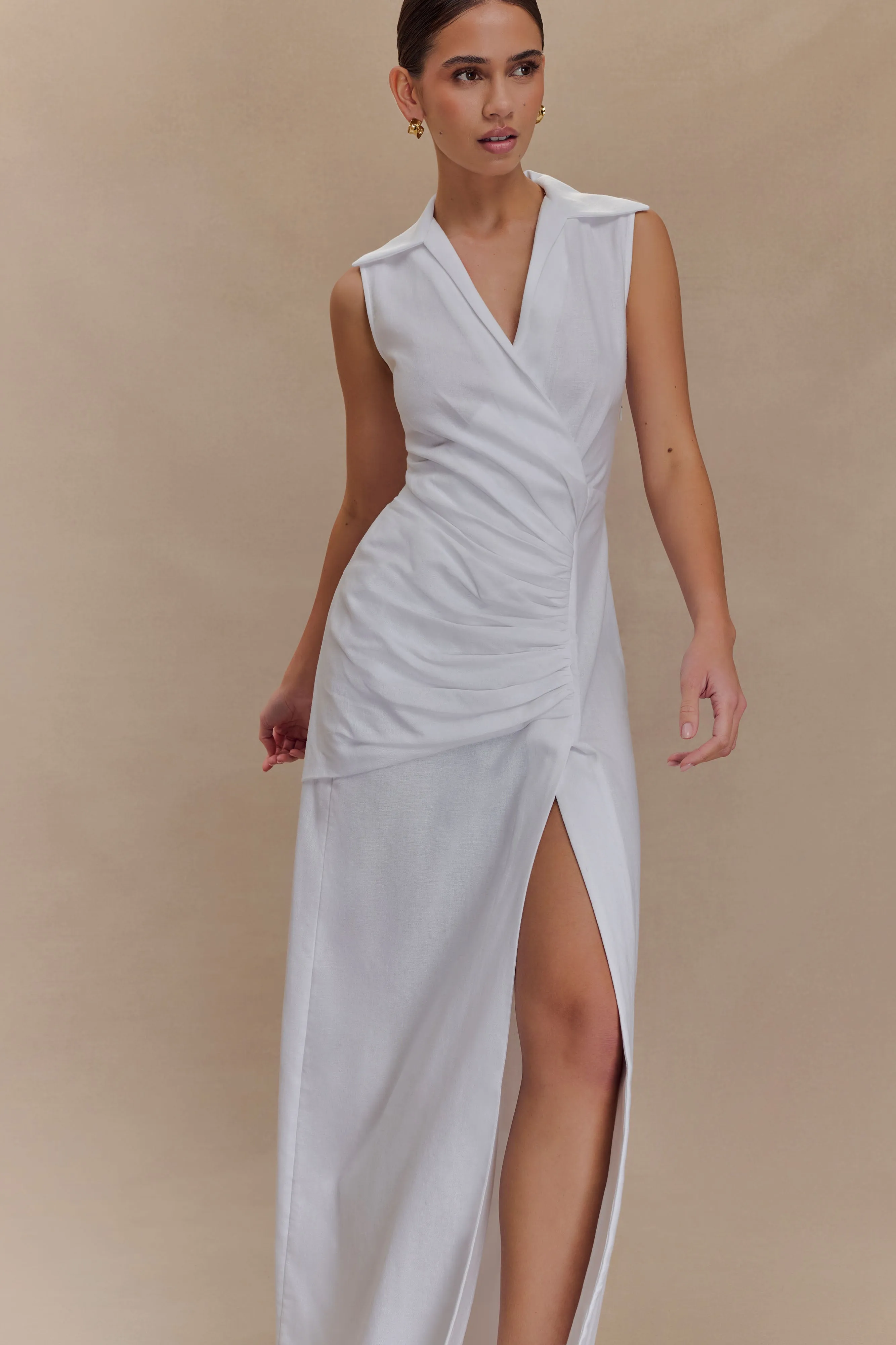 Sleek Outline Smart Look Dante Ruched Linen Midi Dress - White