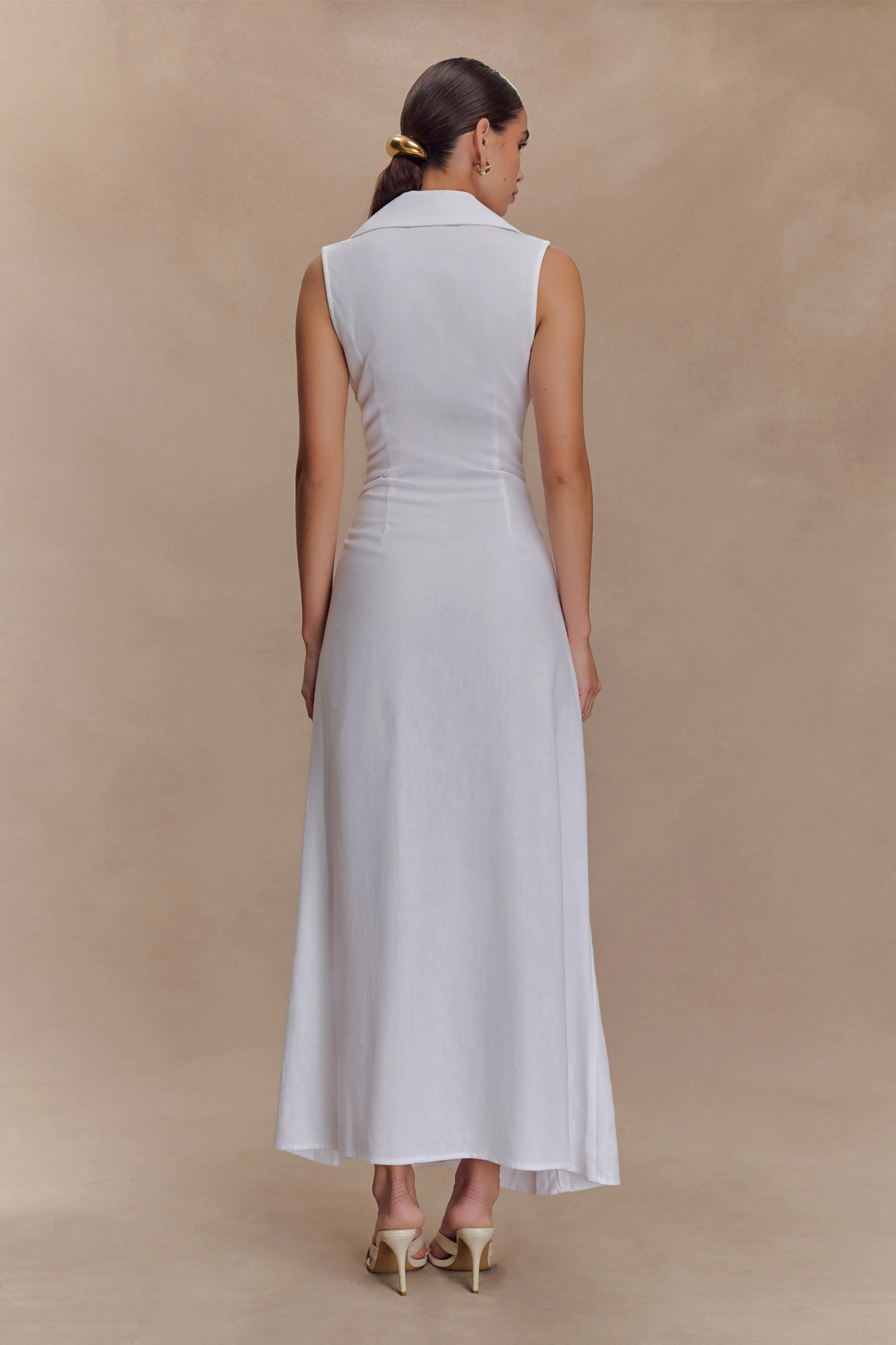 Dante Ruched Linen Midi Dress - White Dreamy Presence Grace Flow