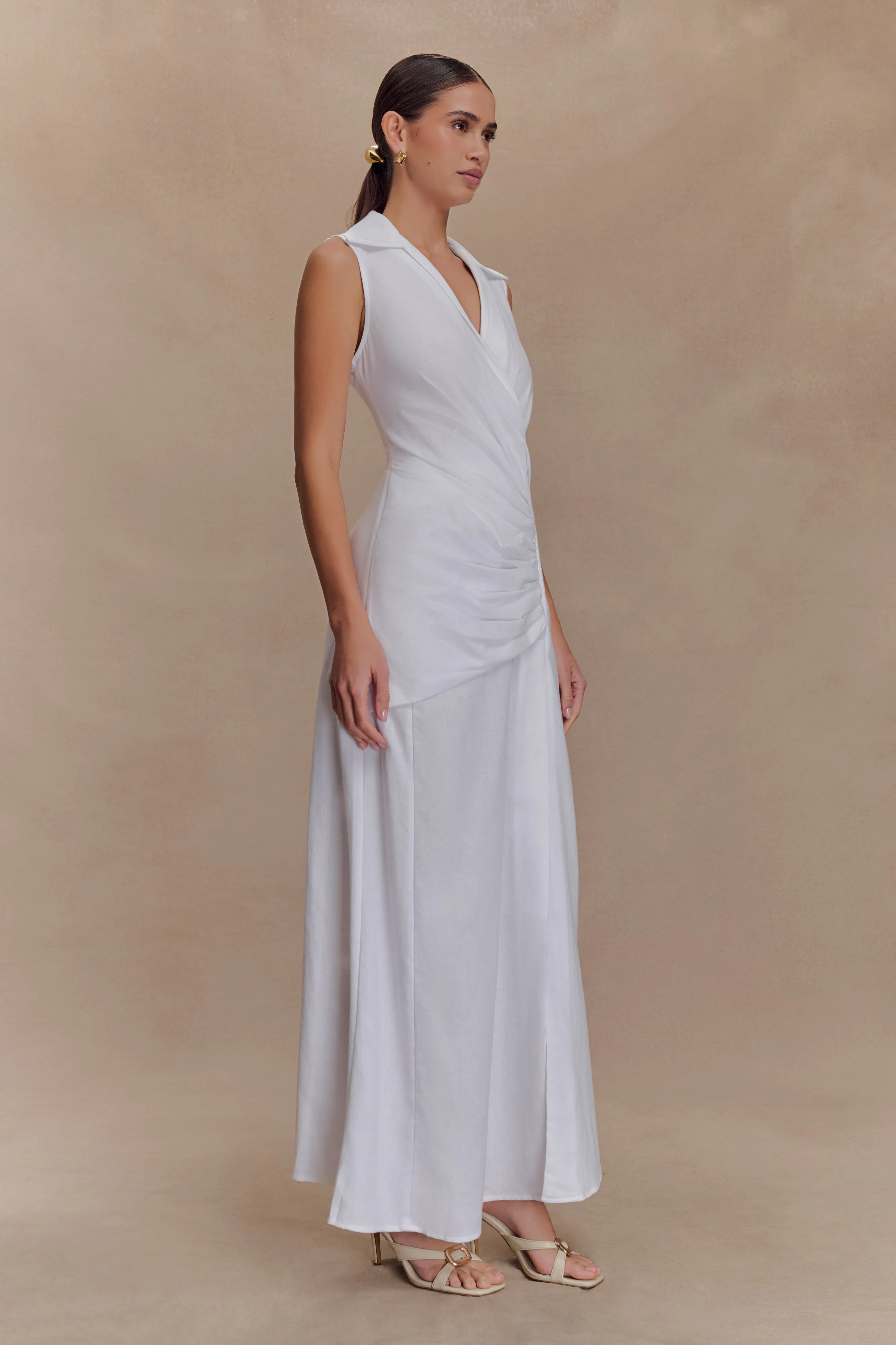 Dante Ruched Linen Midi Dress - White Geometric-pattern