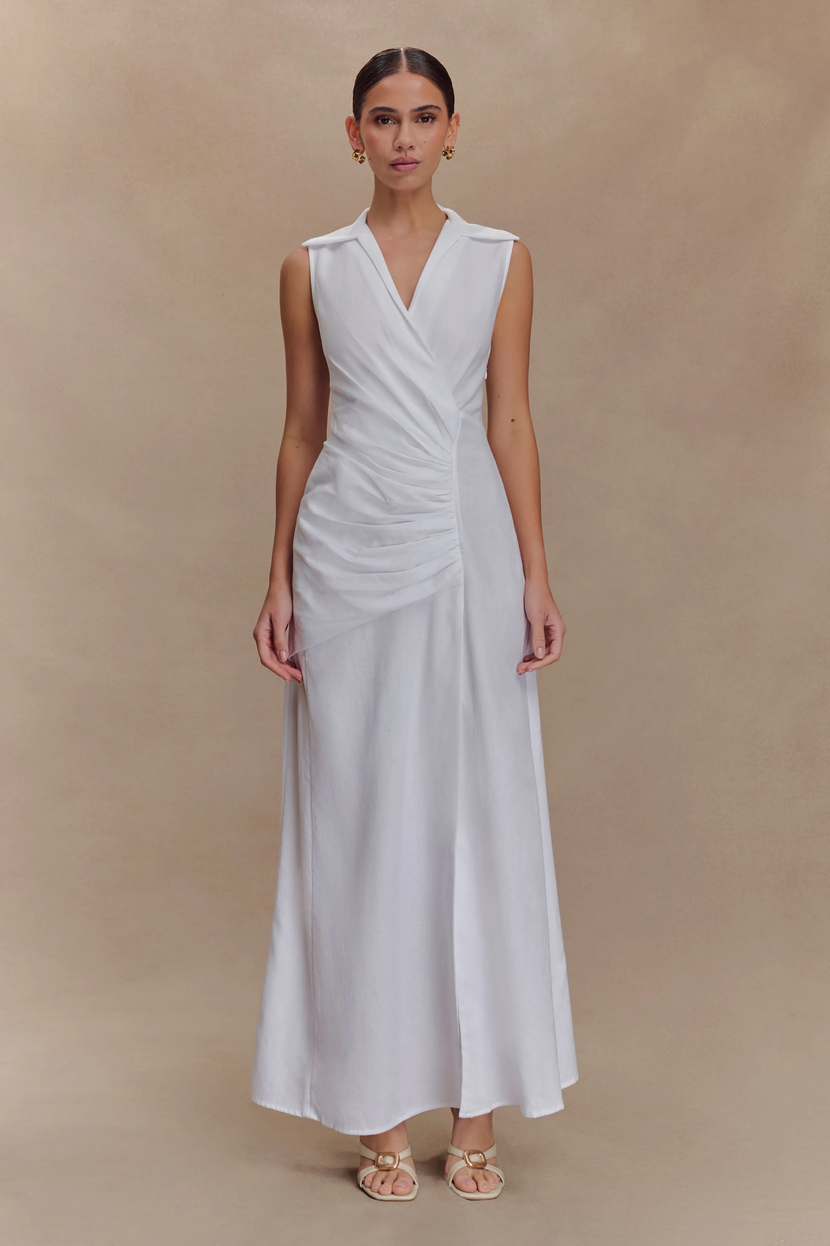 Zip Ease Dante Ruched Linen Midi Dress - White