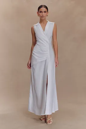 Sister Charm Dante Ruched Linen Midi Dress - White