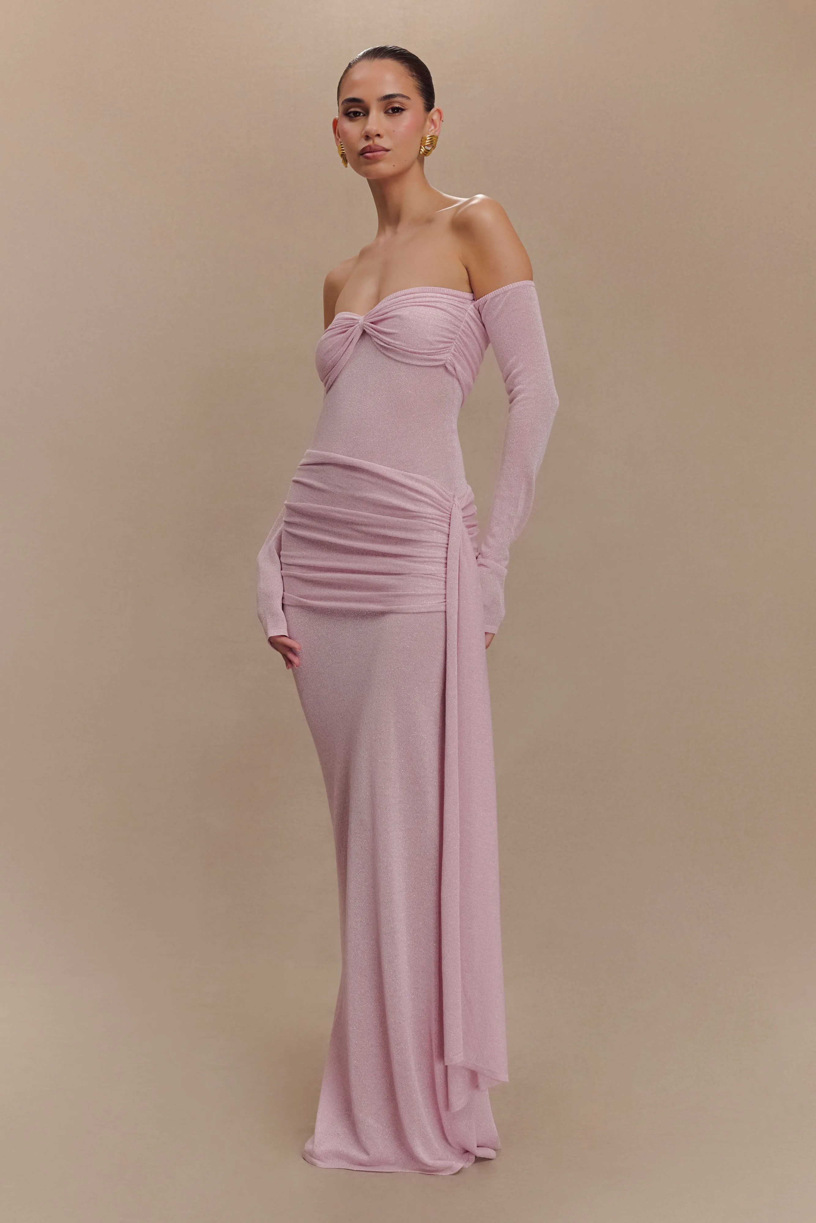 Empire-Waist Profile Enhancer Ingrid Metallic Knit Maxi Dress - Baby Pink
