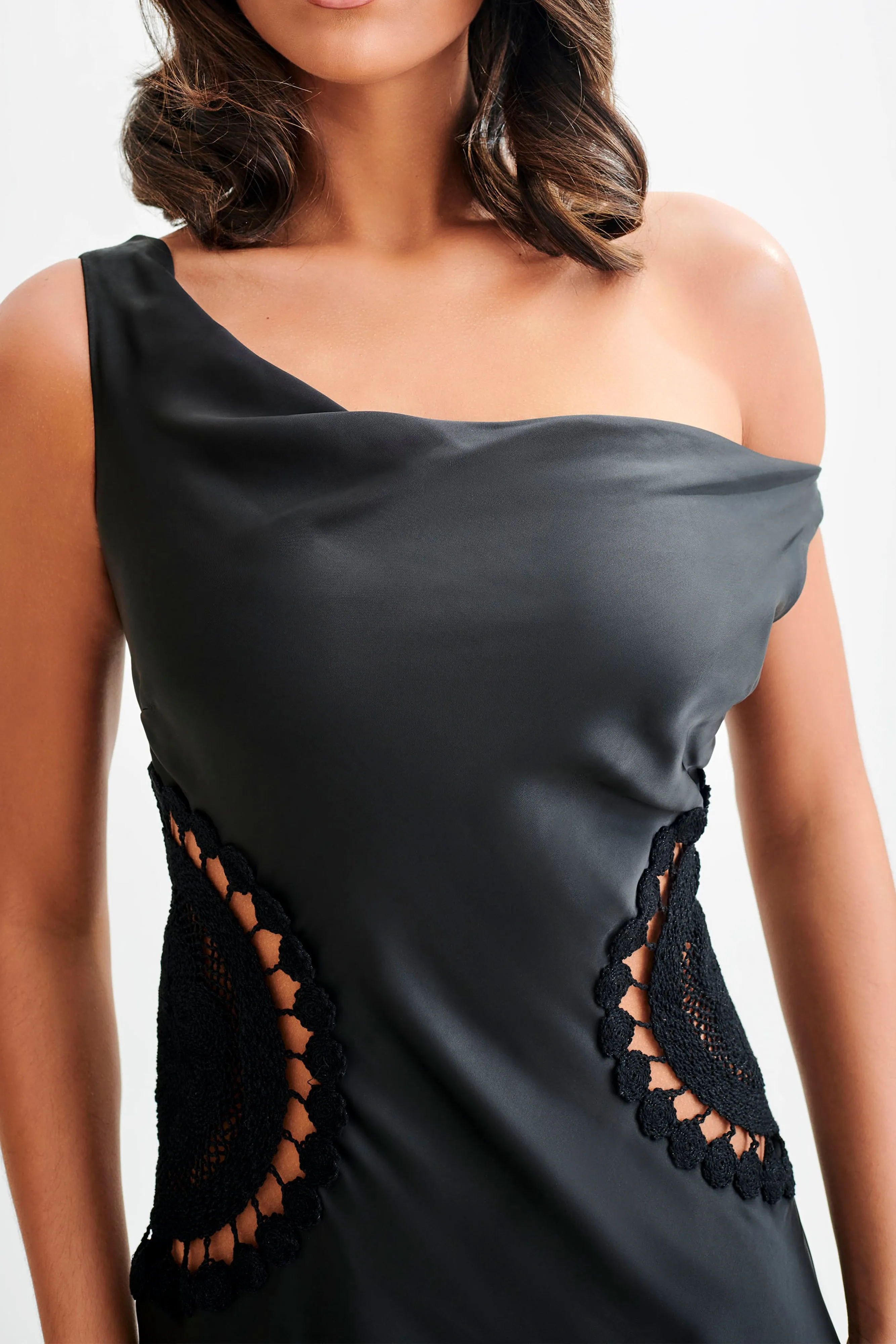 Kristina Satin Maxi Dress With Crochet - Black Bold Touch