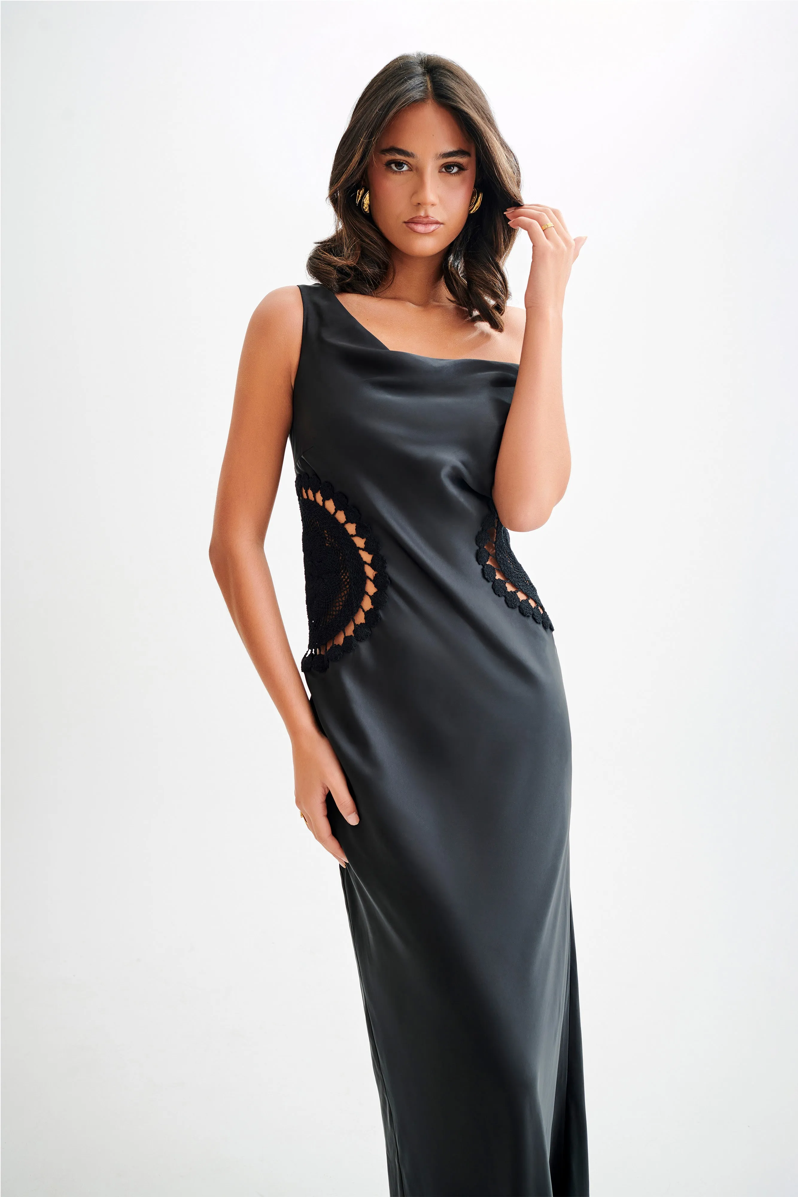 Kristina Satin Maxi Dress With Crochet - Black Smooth Detail Silky Layer