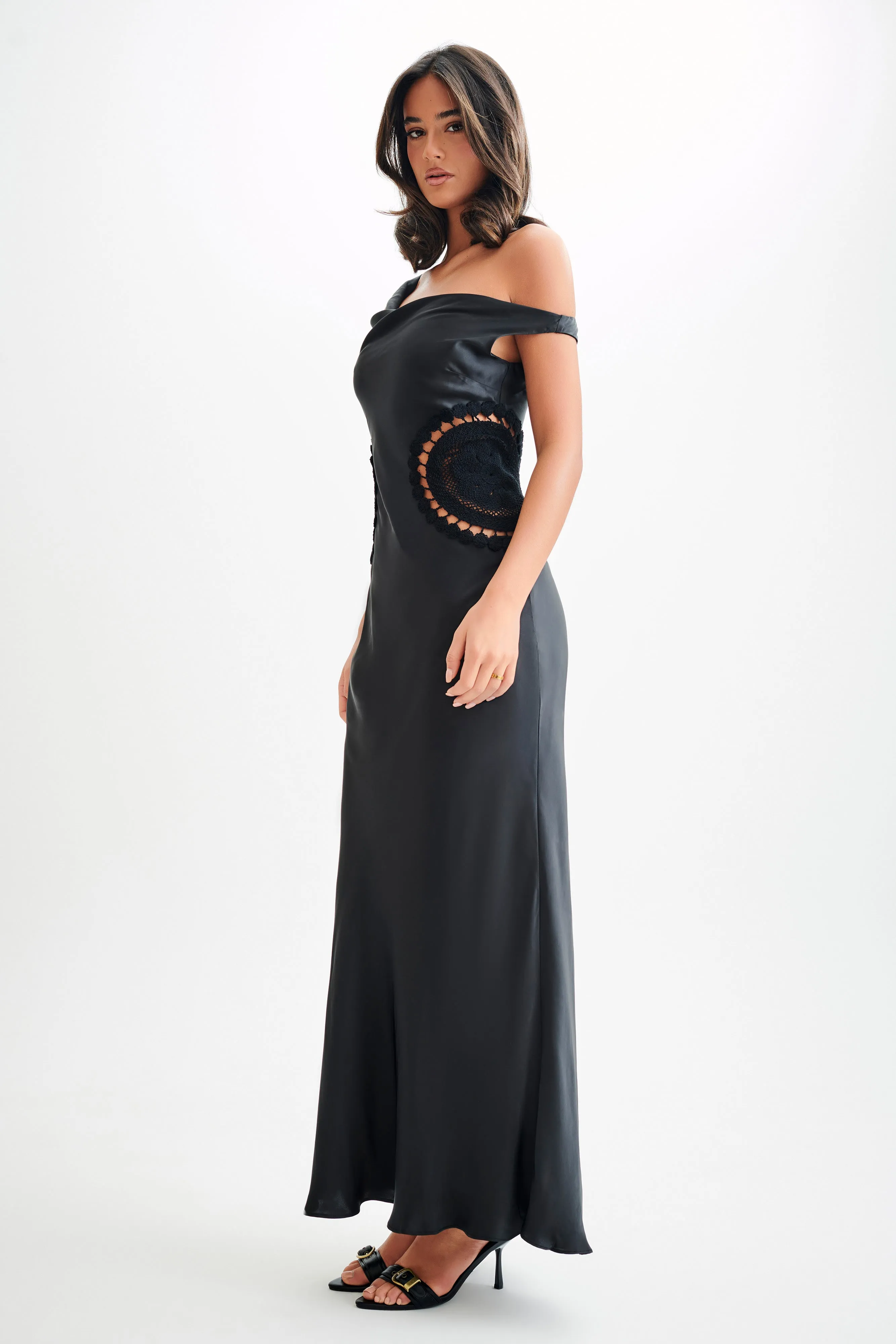 Kristina Satin Maxi Dress With Crochet - Black Joy Glow
