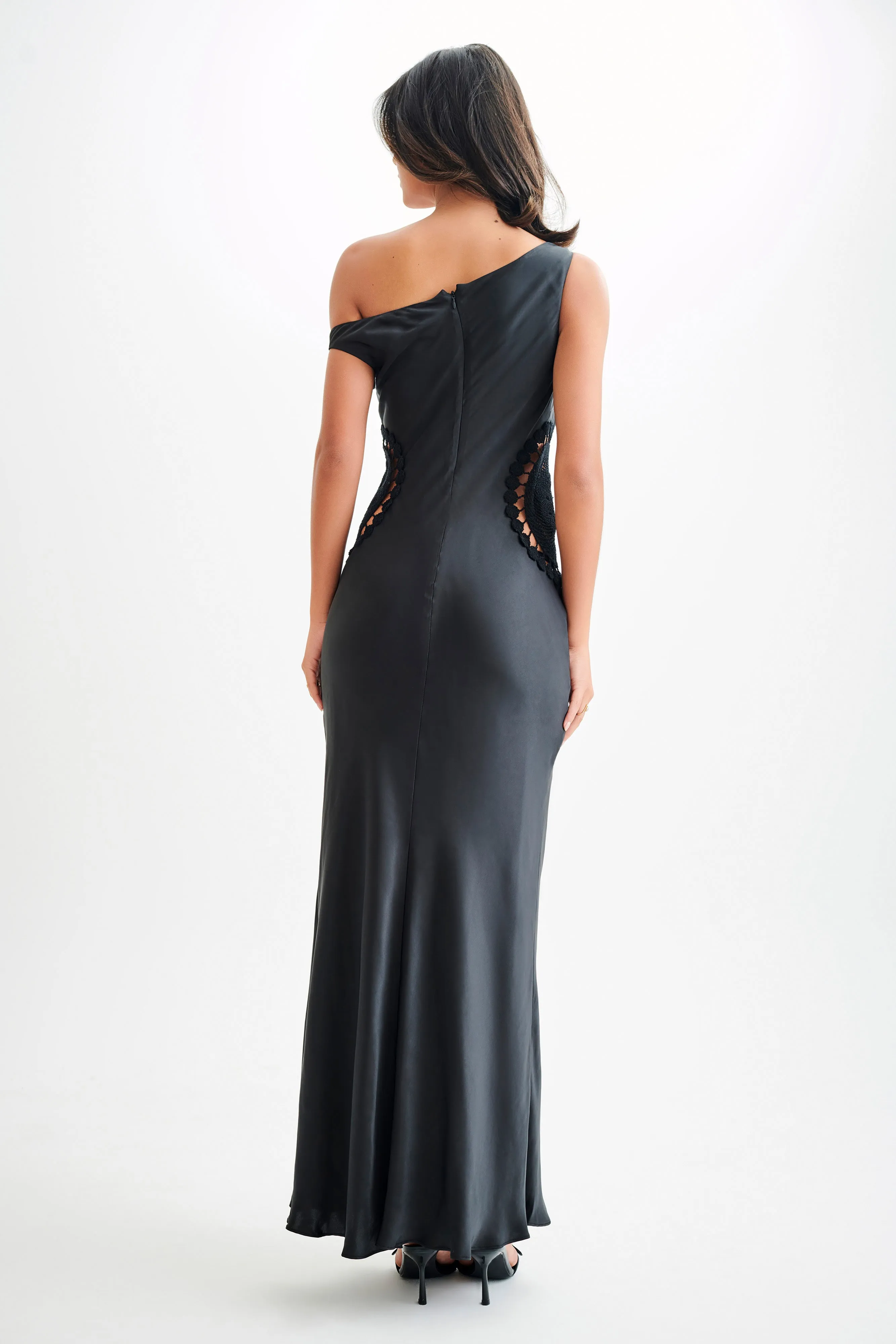 Night Vibes Balanced feel Kristina Satin Maxi Dress With Crochet - Black