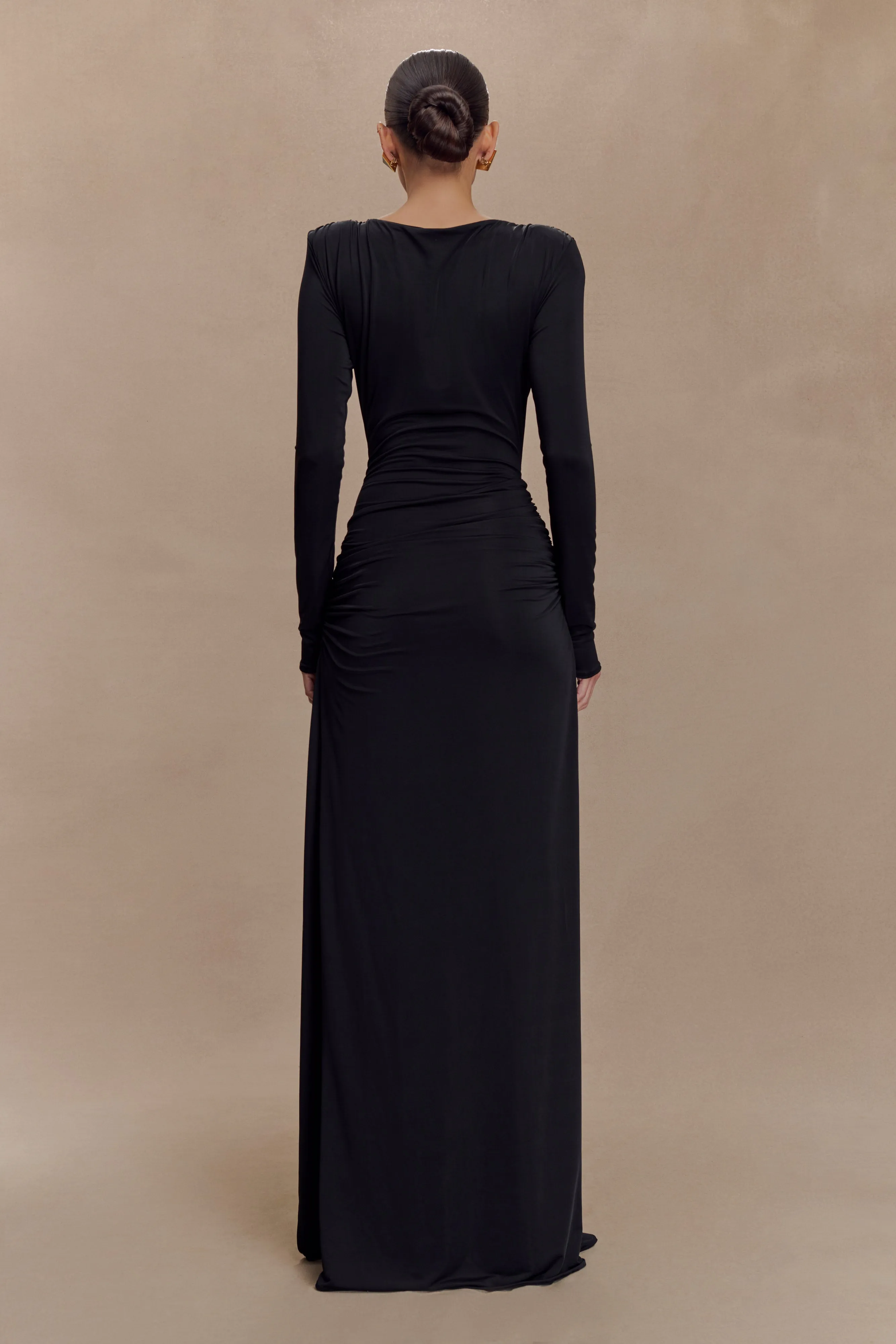 Deanna Long Sleeve Gathered Maxi Dress - Black Snap-Closure Spring Style