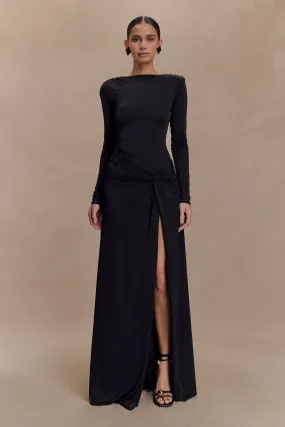 Deanna Long Sleeve Gathered Maxi Dress - Black Side Tie