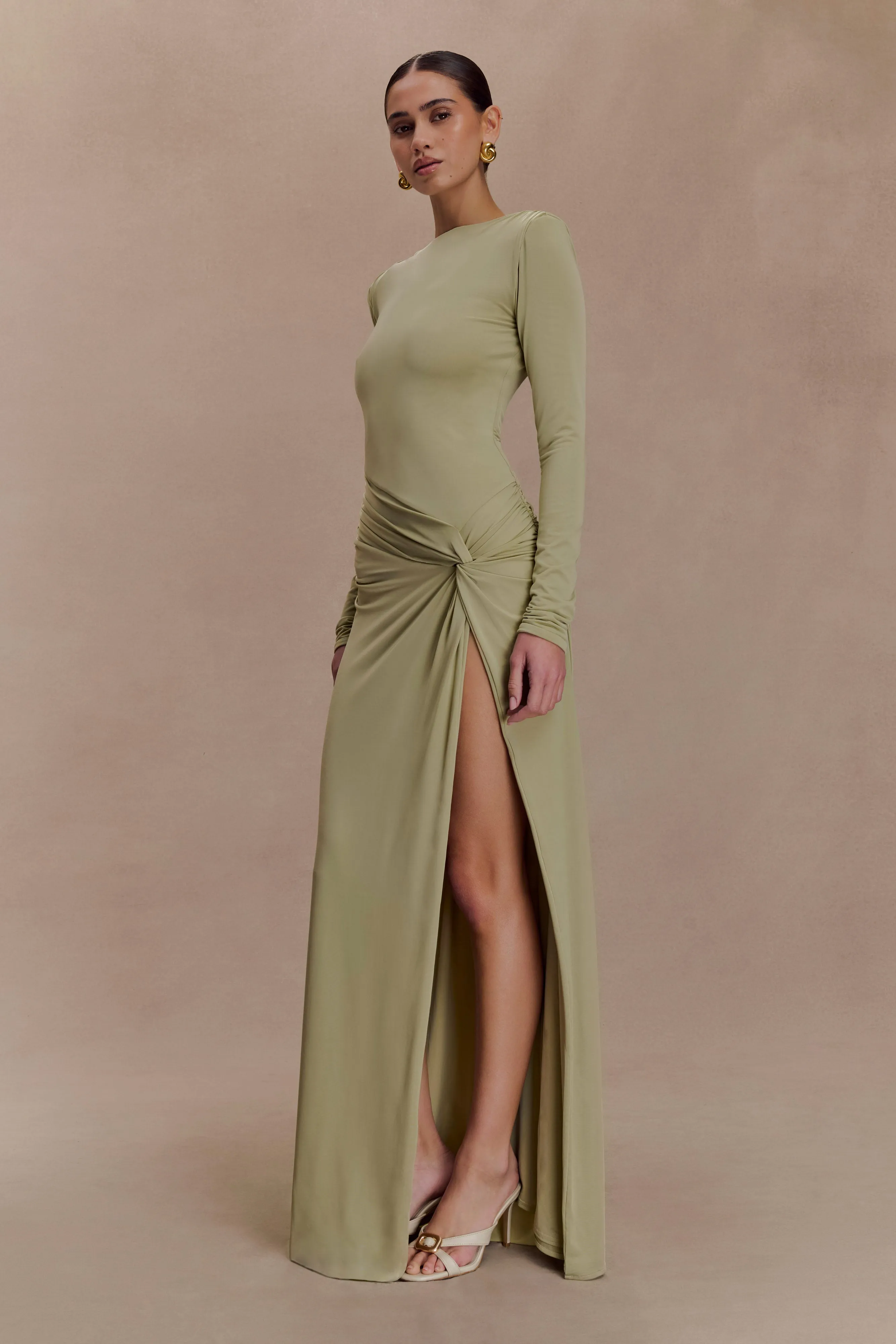 Deanna Long Sleeve Gathered Maxi Dress - Sage Easy Flow Urban Light