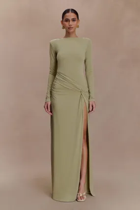 Street Ready Sleek Vibe Deanna Long Sleeve Gathered Maxi Dress - Sage