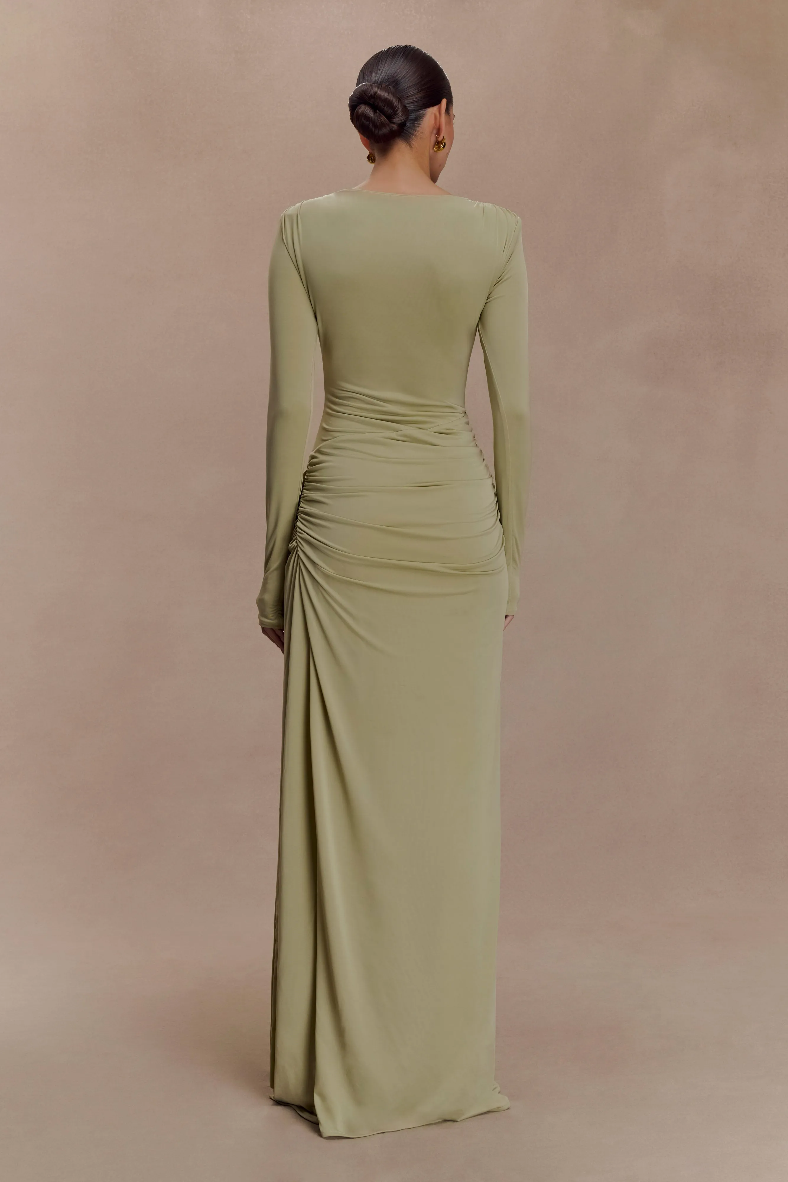 Deanna Long Sleeve Gathered Maxi Dress - Sage Linen Chic Weekend Favorite