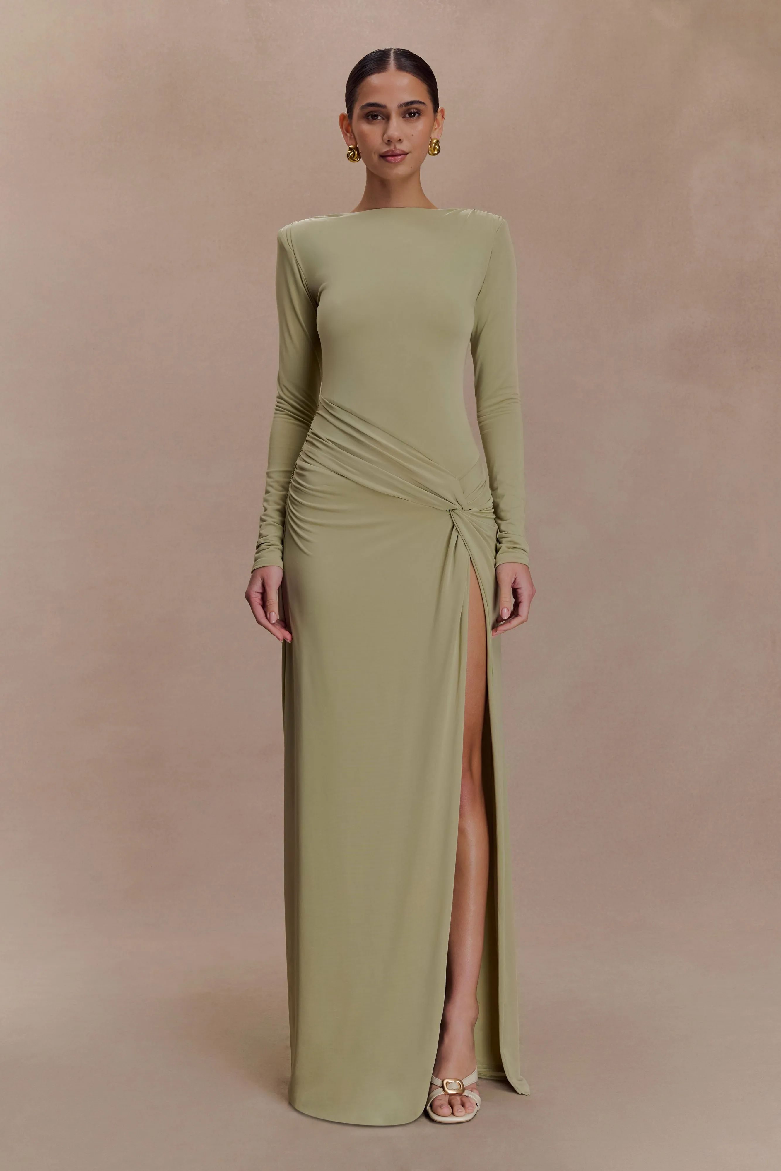 Street Ready Sleek Vibe Deanna Long Sleeve Gathered Maxi Dress - Sage
