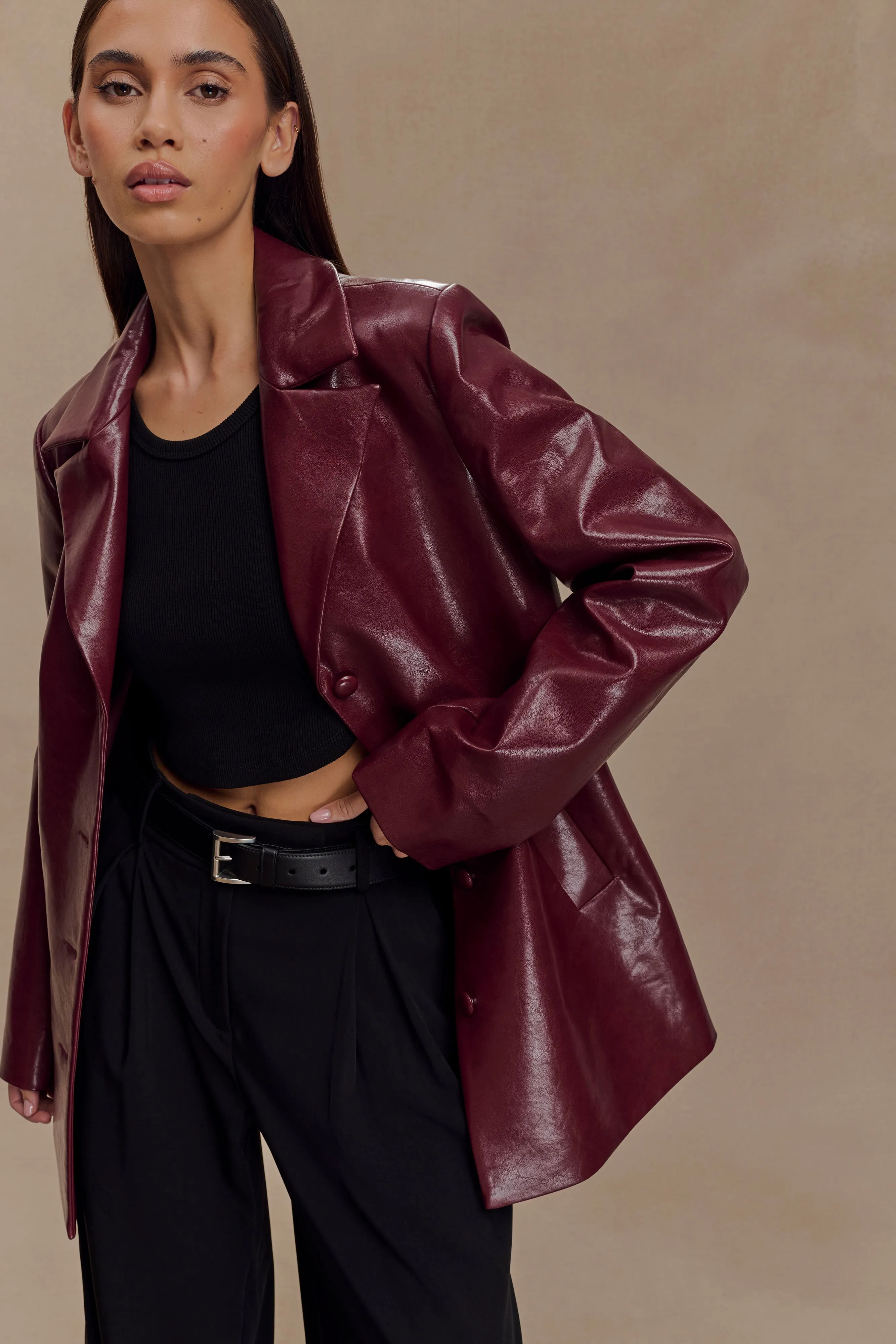 Deborah Faux Leather Coat - Cherry Red Fashion Forward Layer