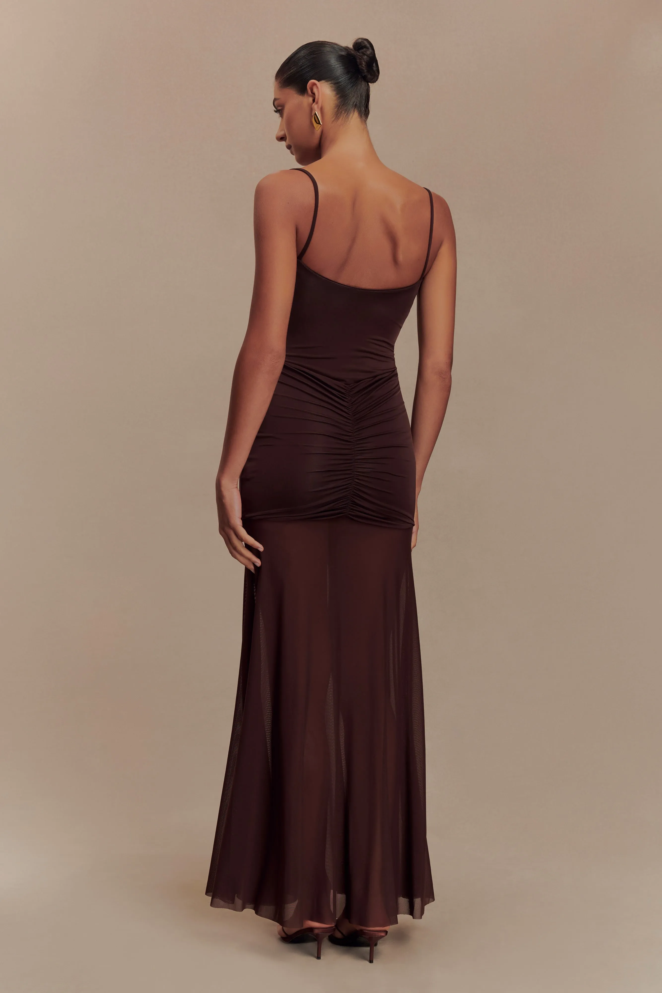 Delaney Slinky And Mesh Maxi Dress - Chocolate Sharp Edge Smile Feel